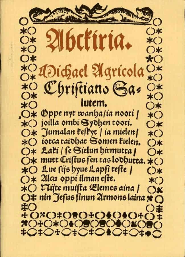 The first Finnish alphabet, developed by Mikael Agricola in 1543. 