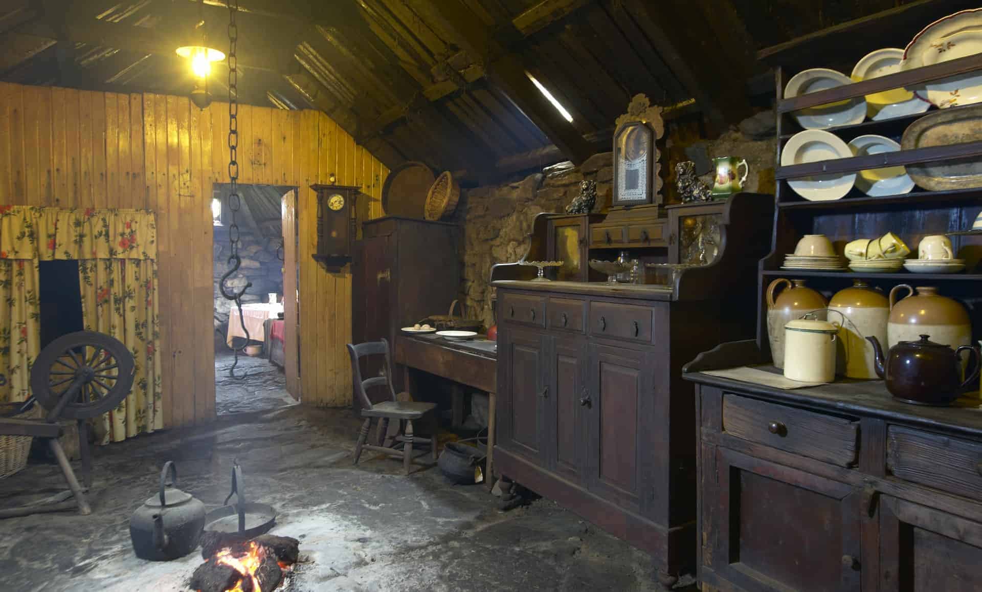 Traditional Scottish home interior with peat fire