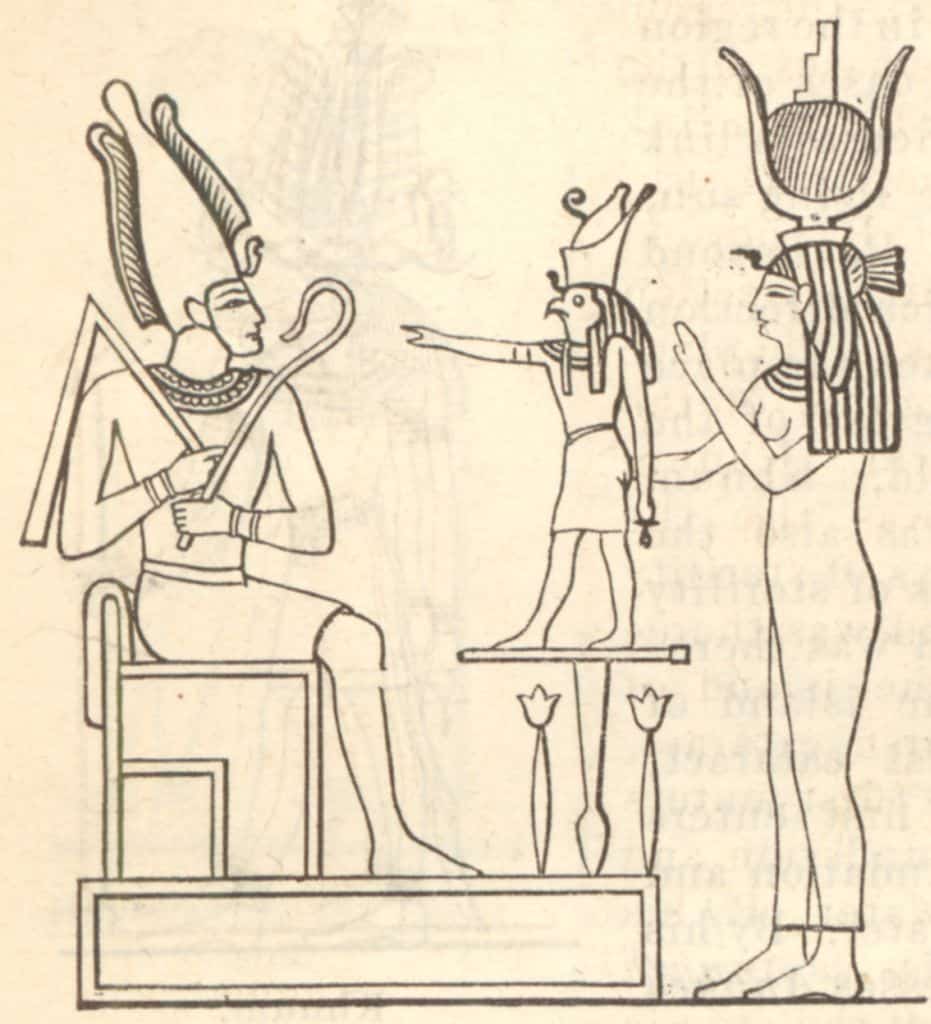 A depiction of Osiris, Isis and their son, Horus