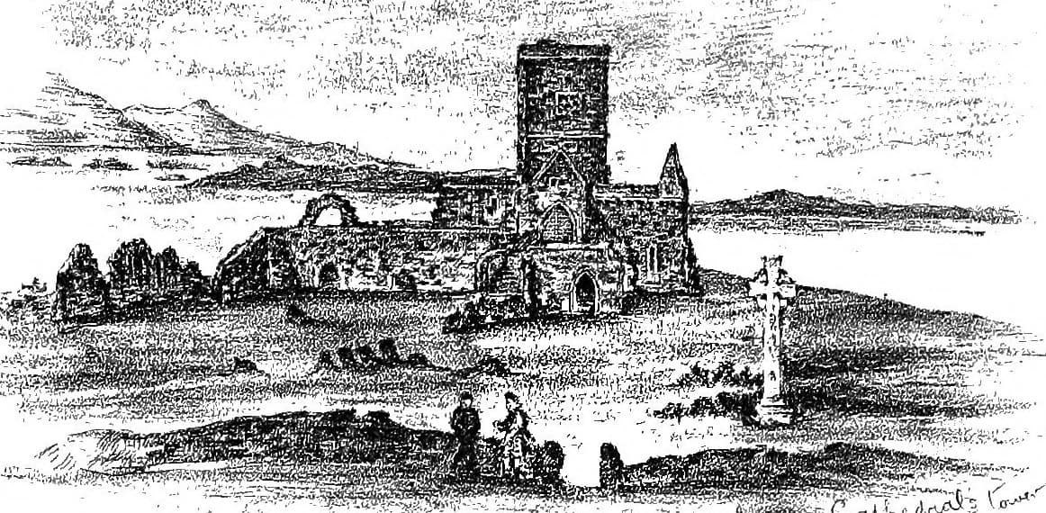 Nineteenth-century drawing of the ruined Iona Abbey before its restoration
