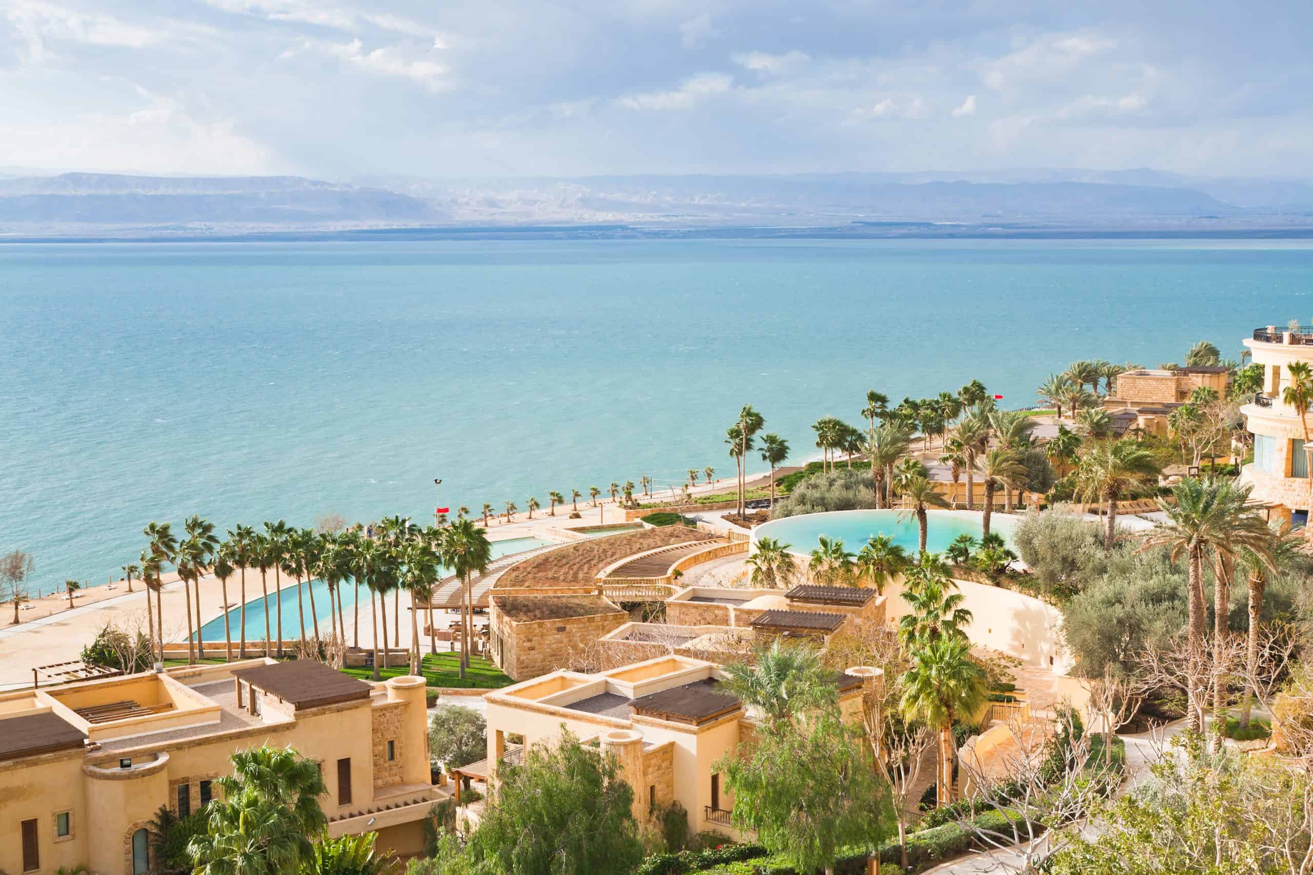 View of a resort on the Jordanian shore of the Dead Sea 