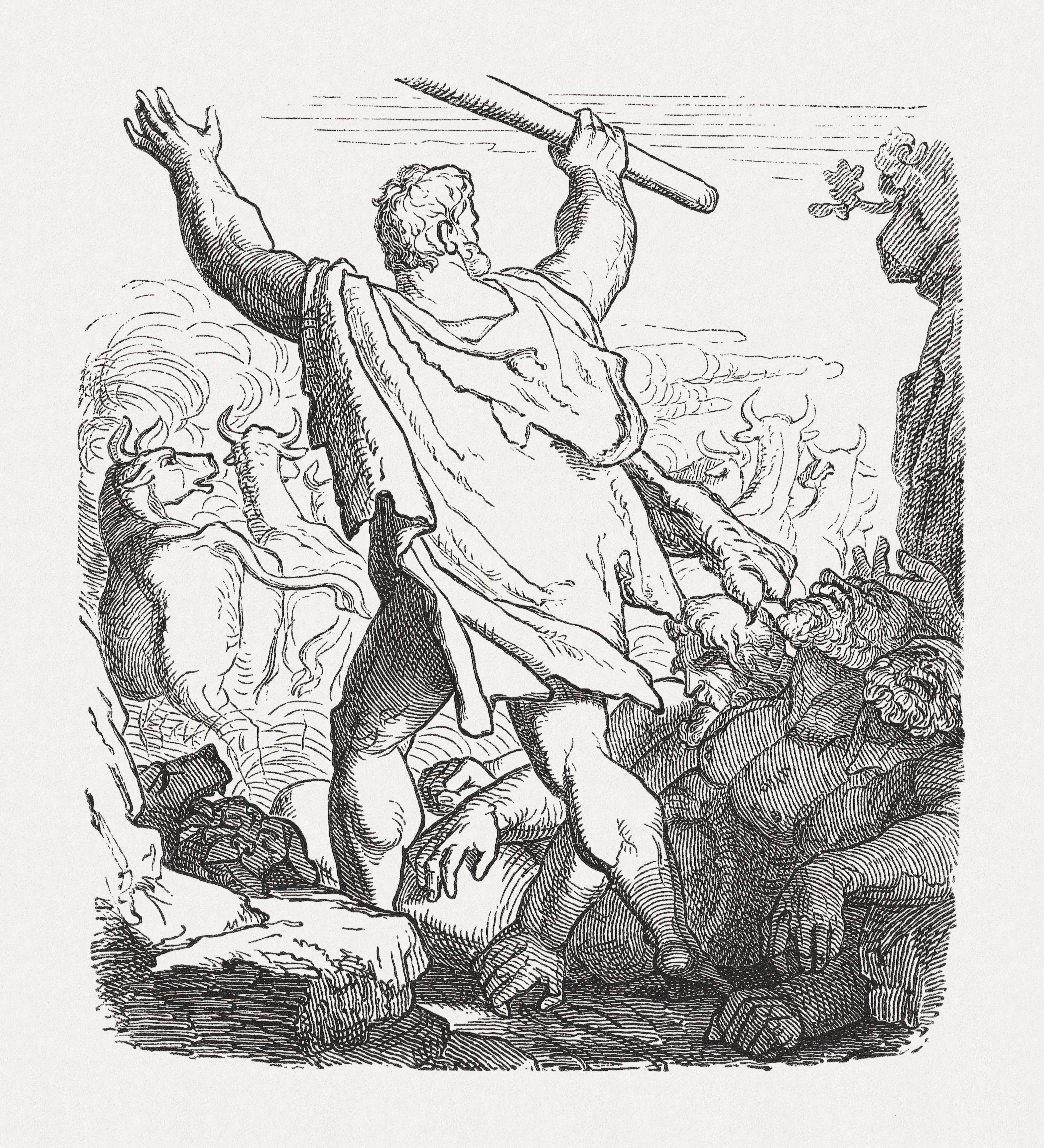 Wood engraving depicting Hercules slaying the three-headed giant Geryon, published in 1880