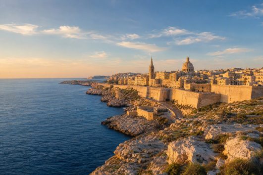 Fortified limestone city and Mediterranean coast of Malta in warm evening light.