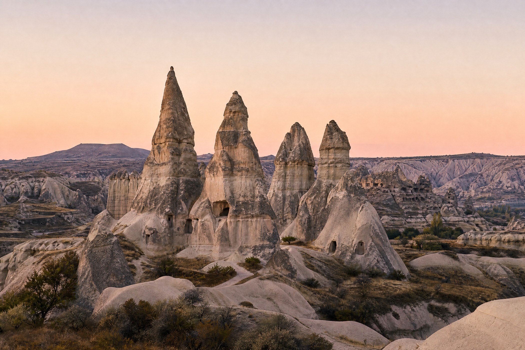 Fairy chimneys in Cappadocia, Turkey, at dawn.