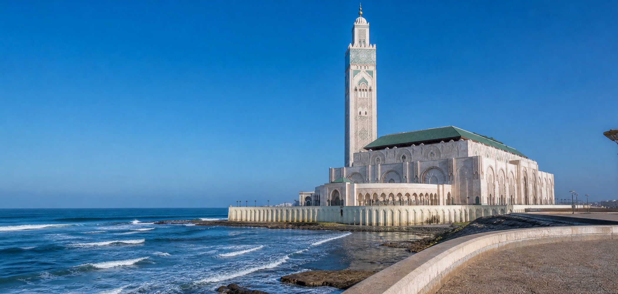 People-free editorial view of Hassan Ii Mosque Casablanca.