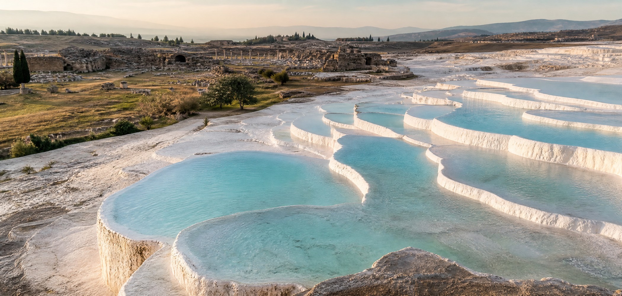 Pamukkale travertine terraces and Hierapolis ruins in Turkey.