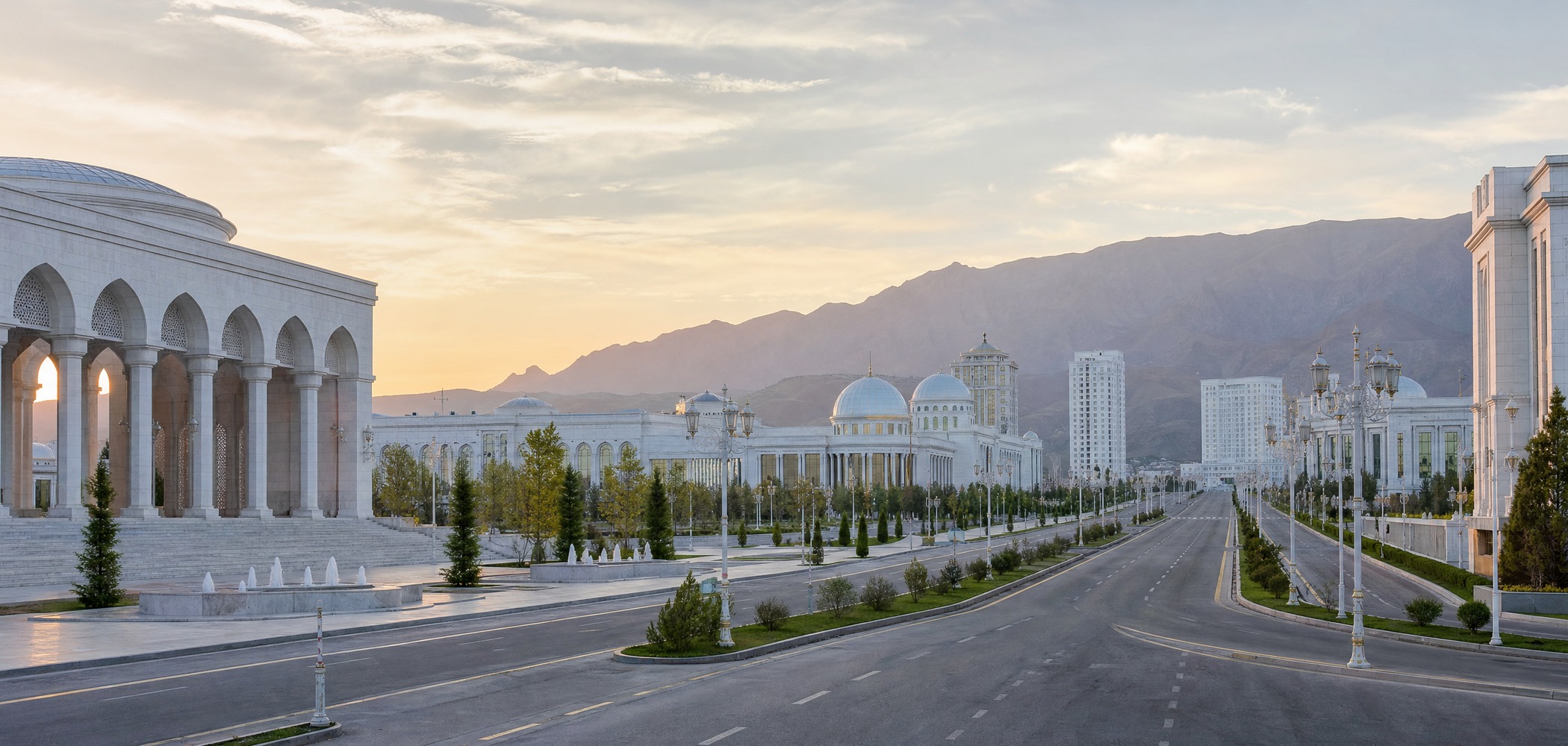 People-free editorial view of Ashgabat Marble Avenue.