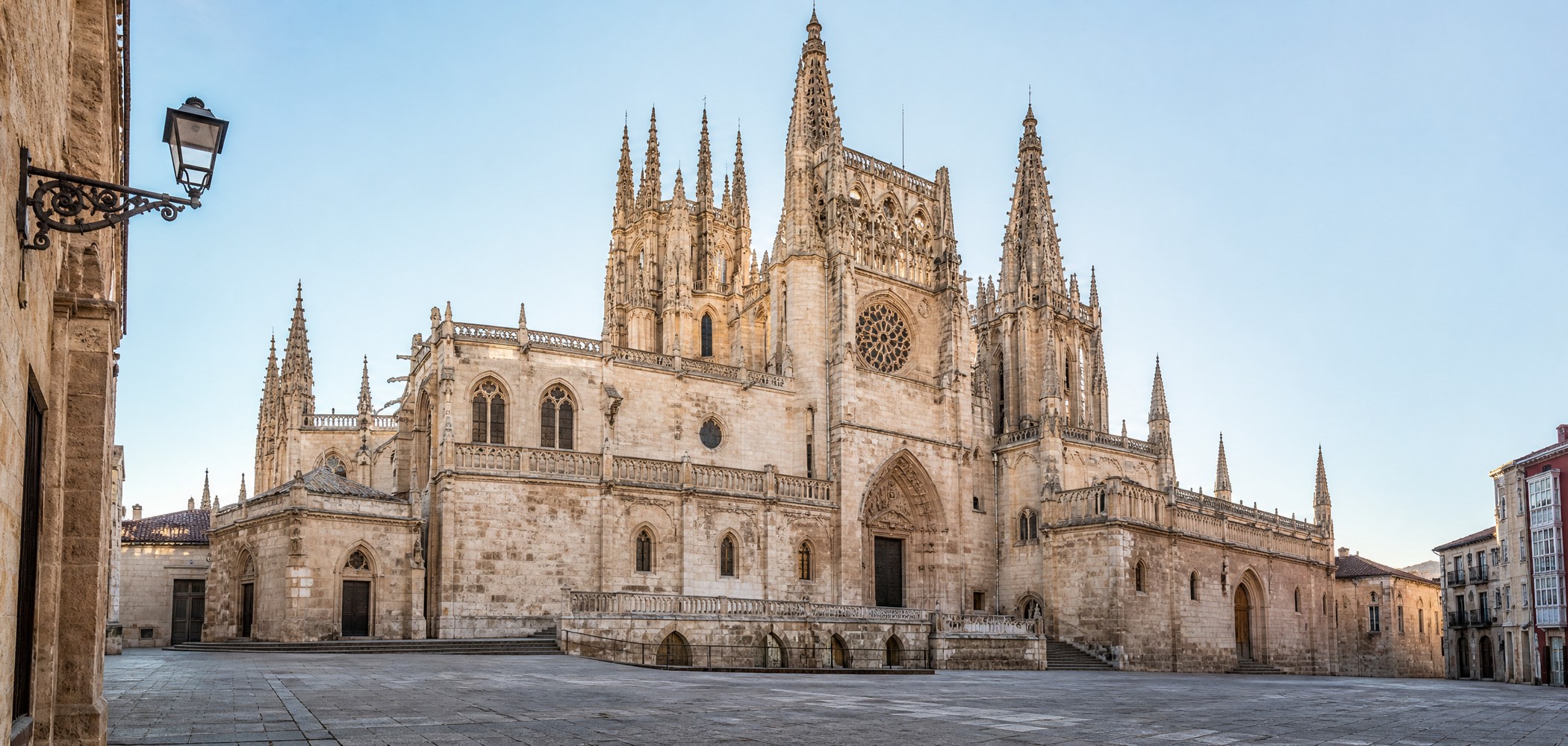 Gothic façade and spires of Burgos Cathedral.