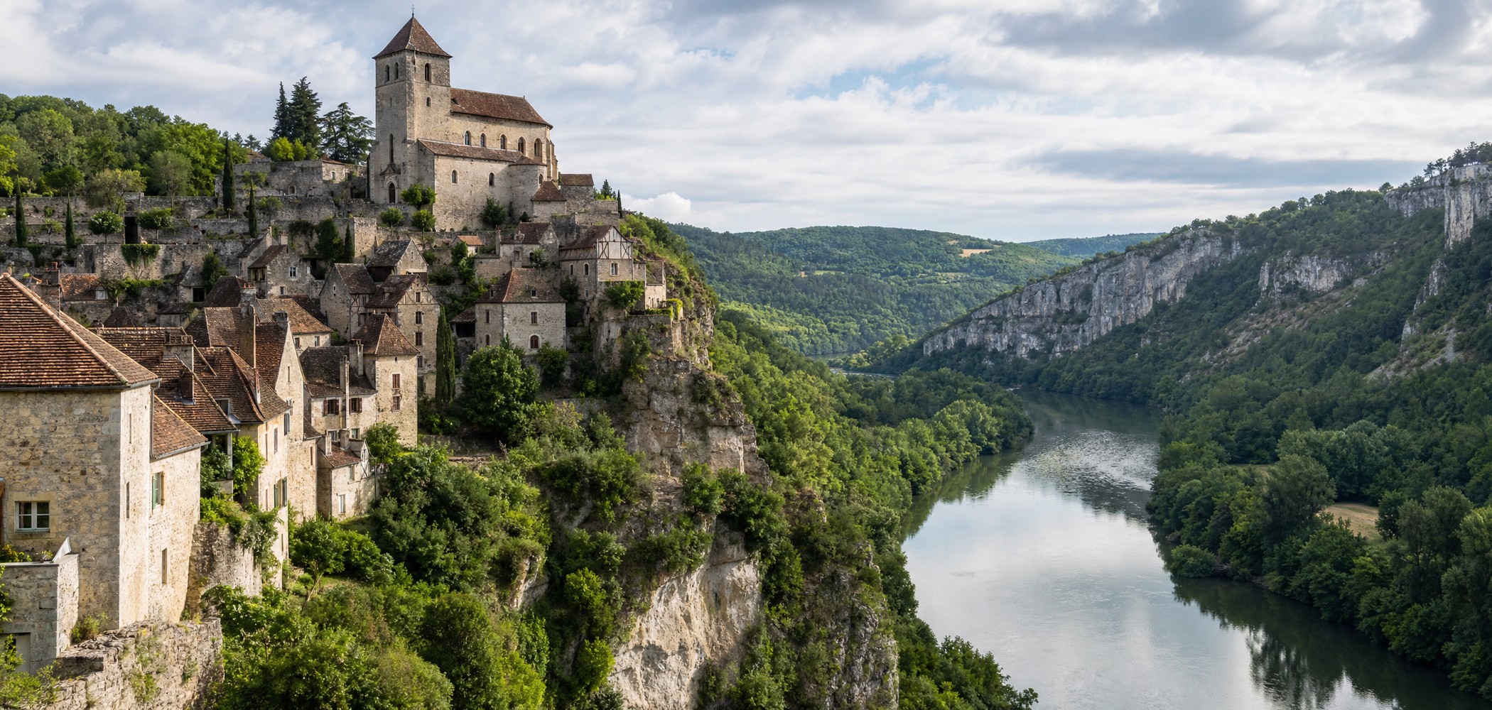 People-free editorial view of Saint Cirq Lapopie.