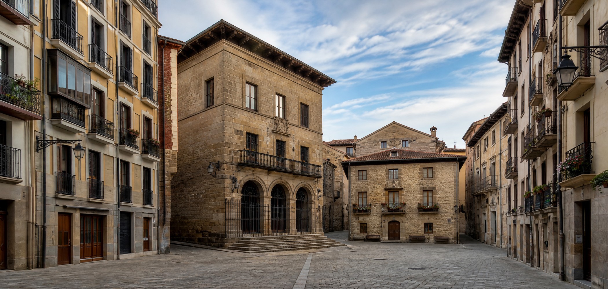 People-free editorial view of Pamplona Old Town.