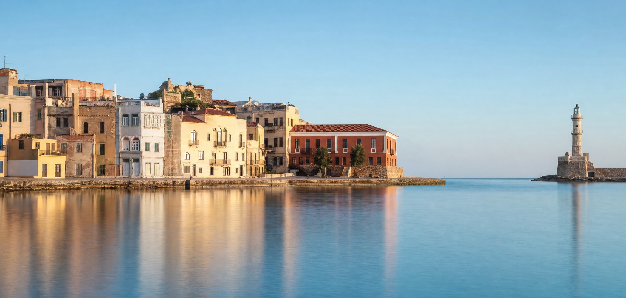 People-free editorial view of Chania Venetian Harbour.