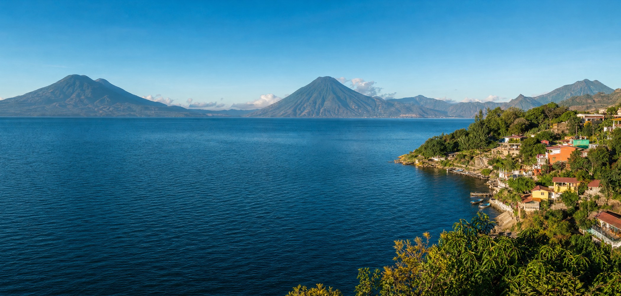 People-free editorial view of Lake Atitlan Guatemala.