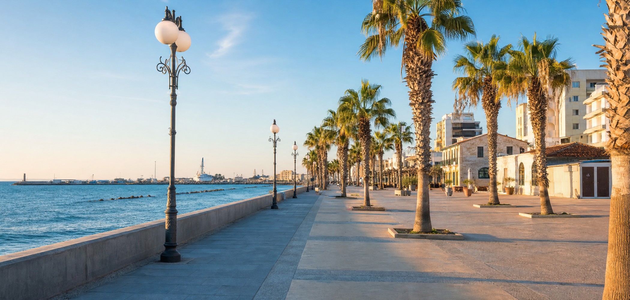 People-free editorial view of Larnaca waterfront, Cyprus.