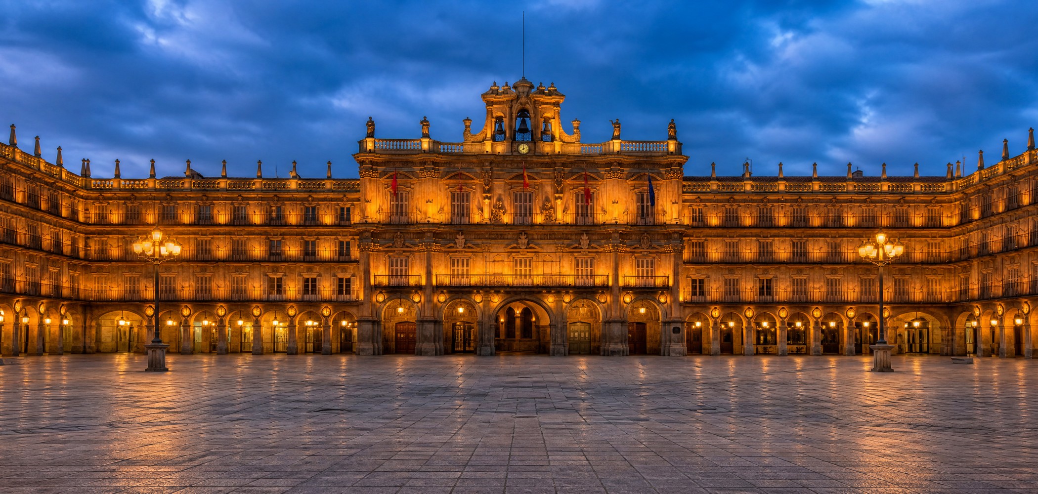 Empty Plaza Mayor with arcades in Salamanca, Spain.