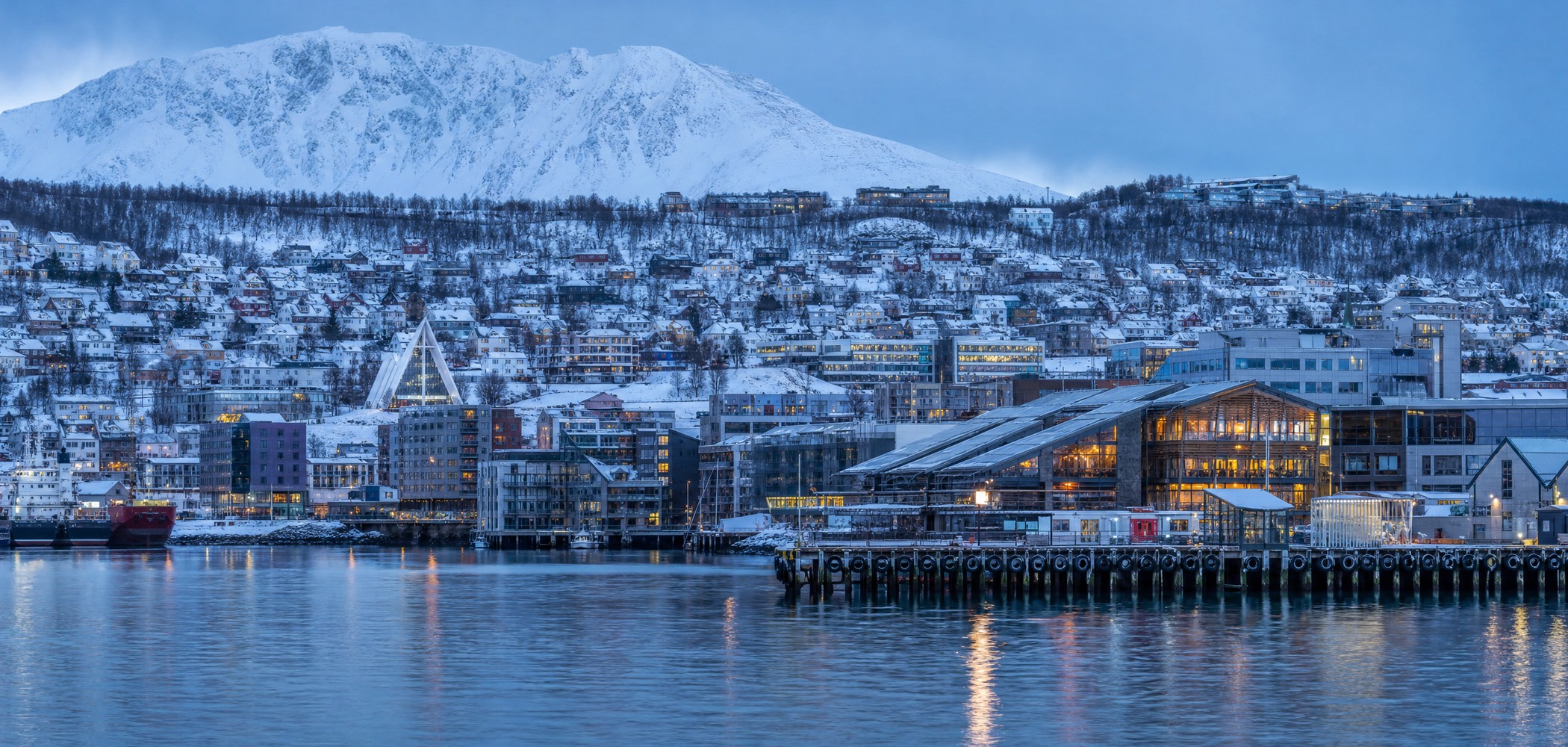 People-free editorial view of Tromso Harbour.