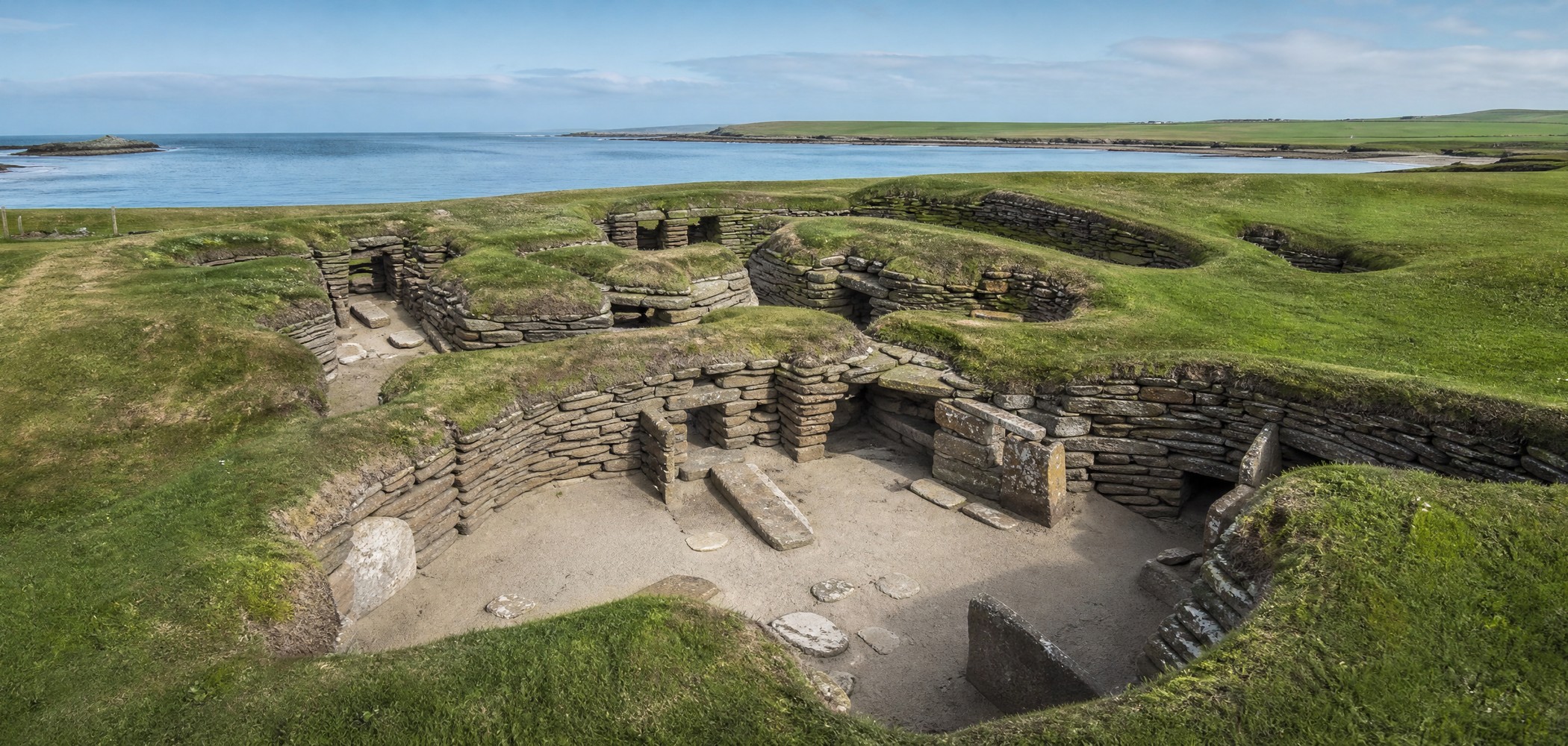 Stone dwellings at the Neolithic village of Skara Brae in Orkney.