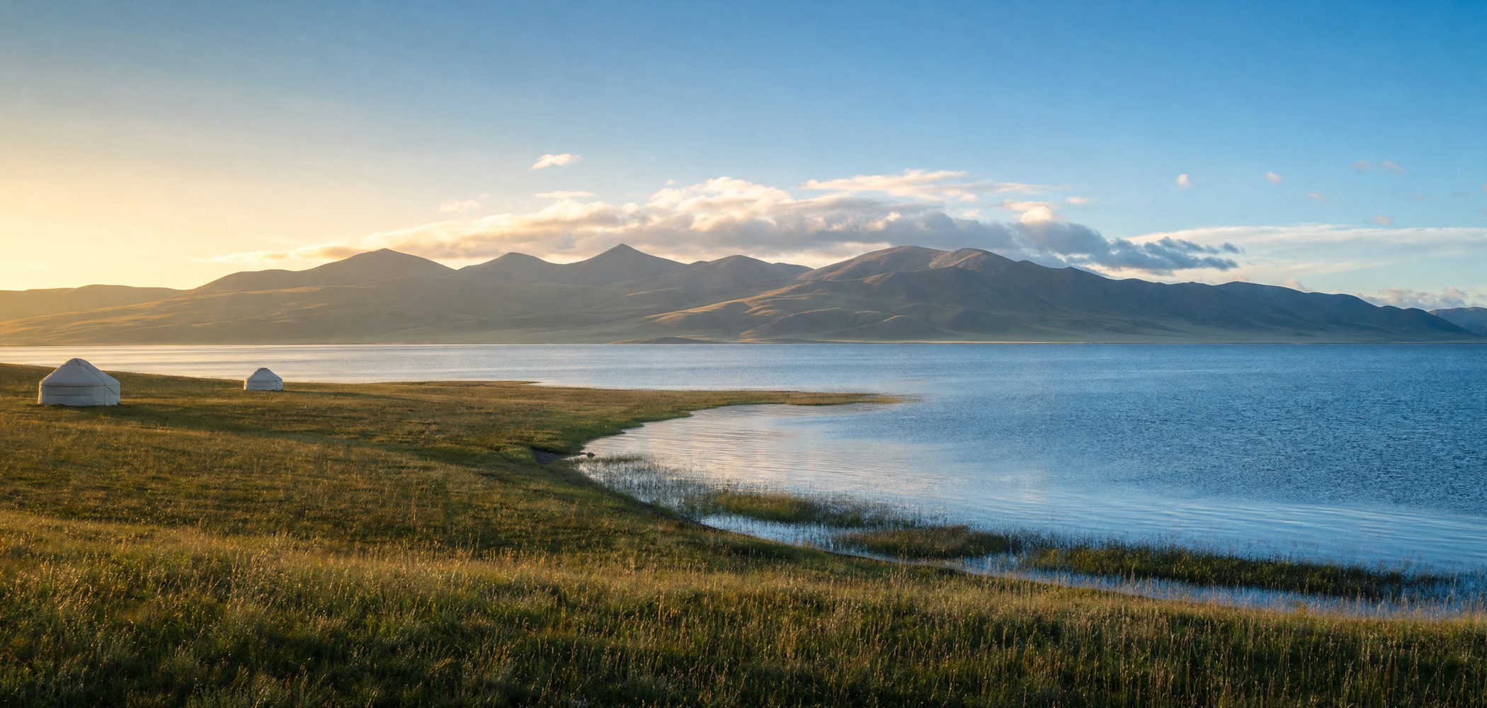 People-free editorial view of Son Kul Lake Yurts.