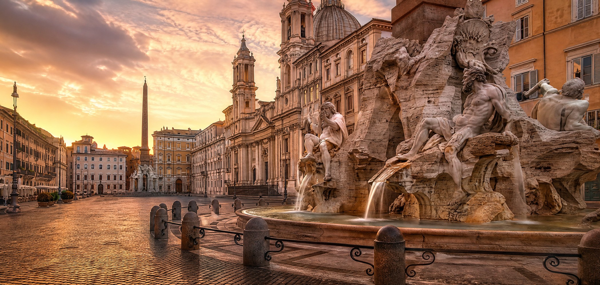 People-free editorial view of Piazza Navona Fountain.