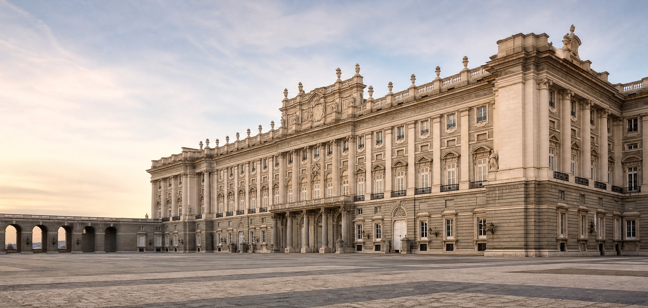 People-free editorial view of Royal Palace Madrid.
