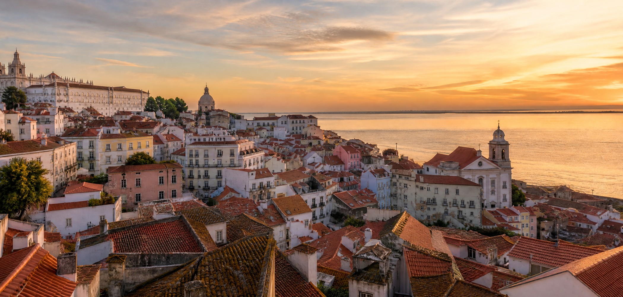 Alfama rooftops and the Tagus River in Lisbon.