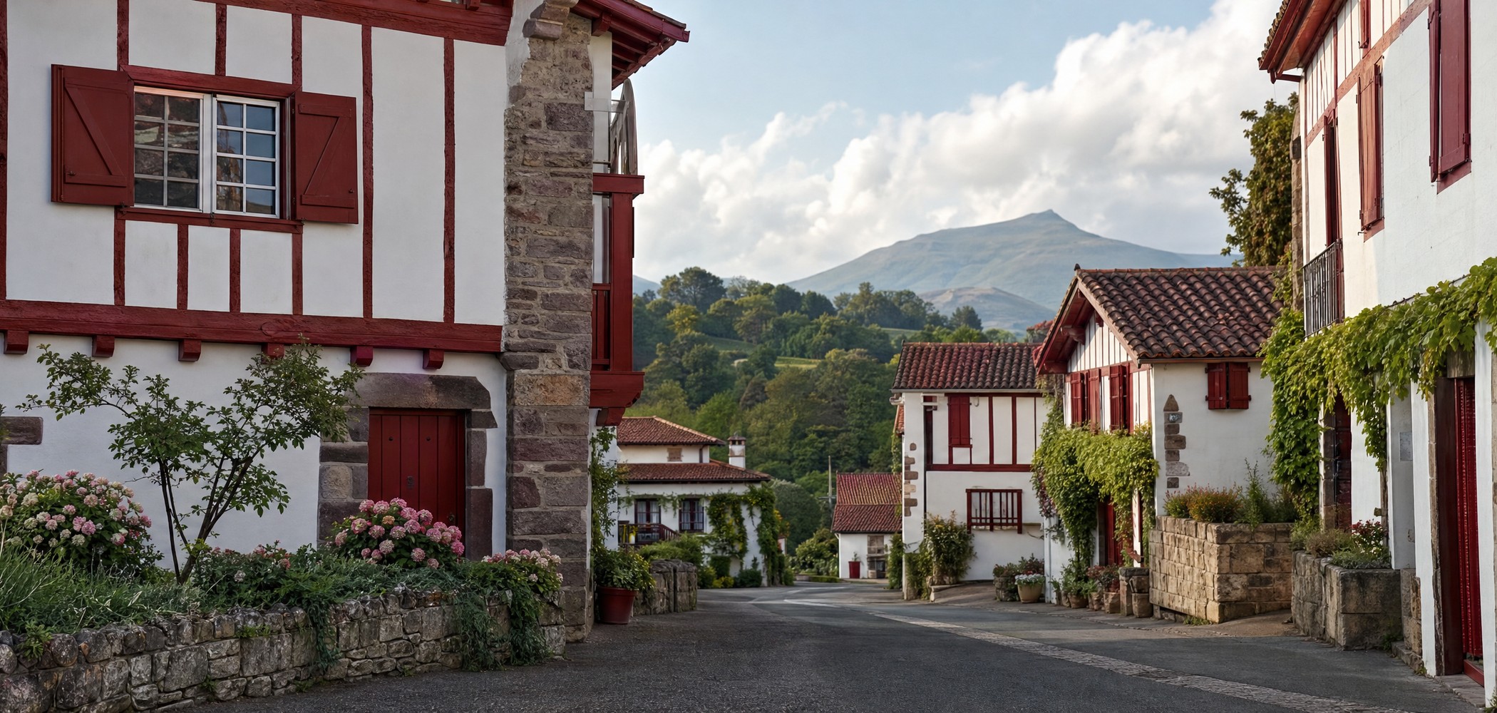People-free editorial view of Ainhoa Basque Village.
