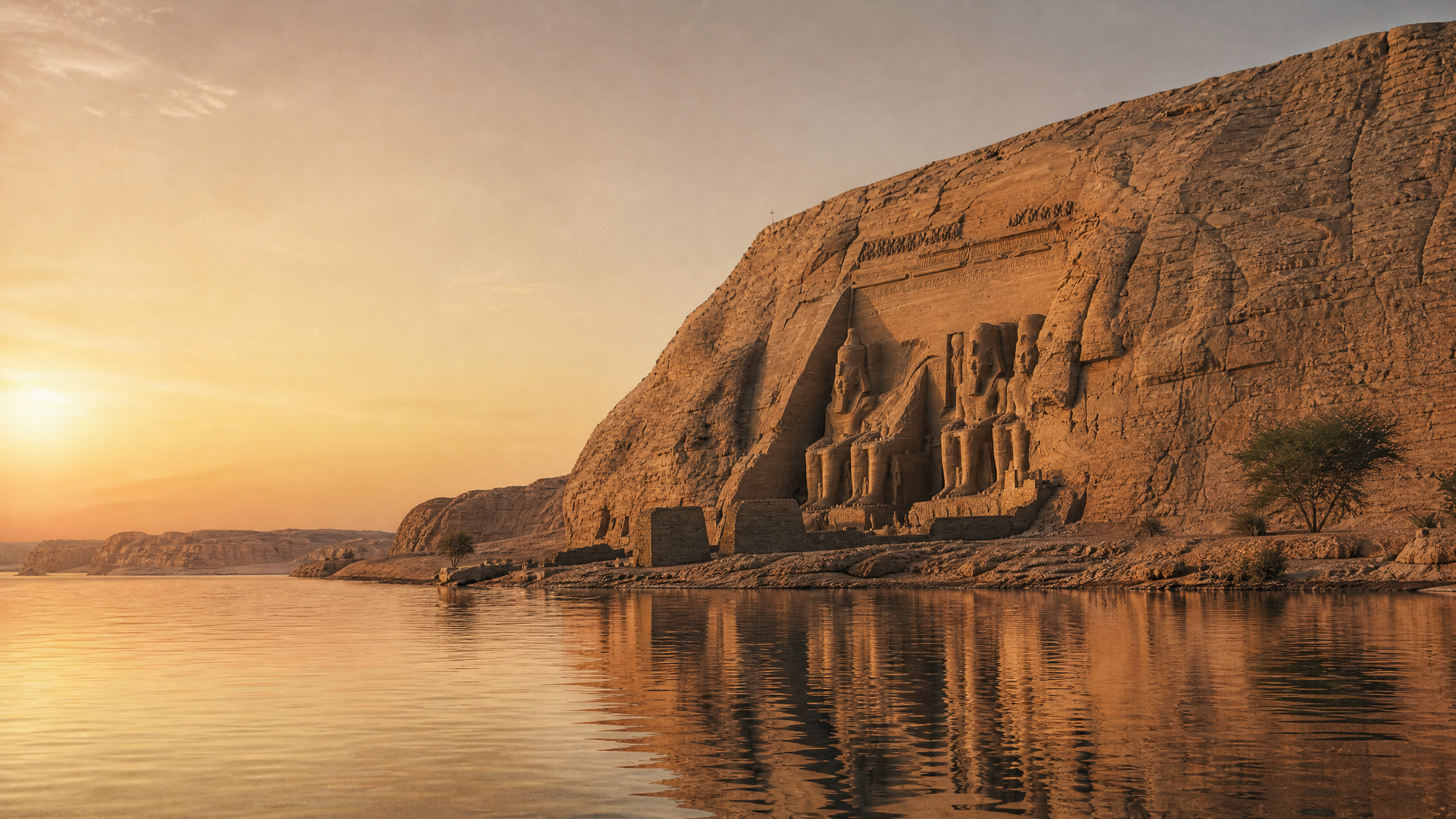 The Great Temple of Abu Simbel above Lake Nasser at sunrise