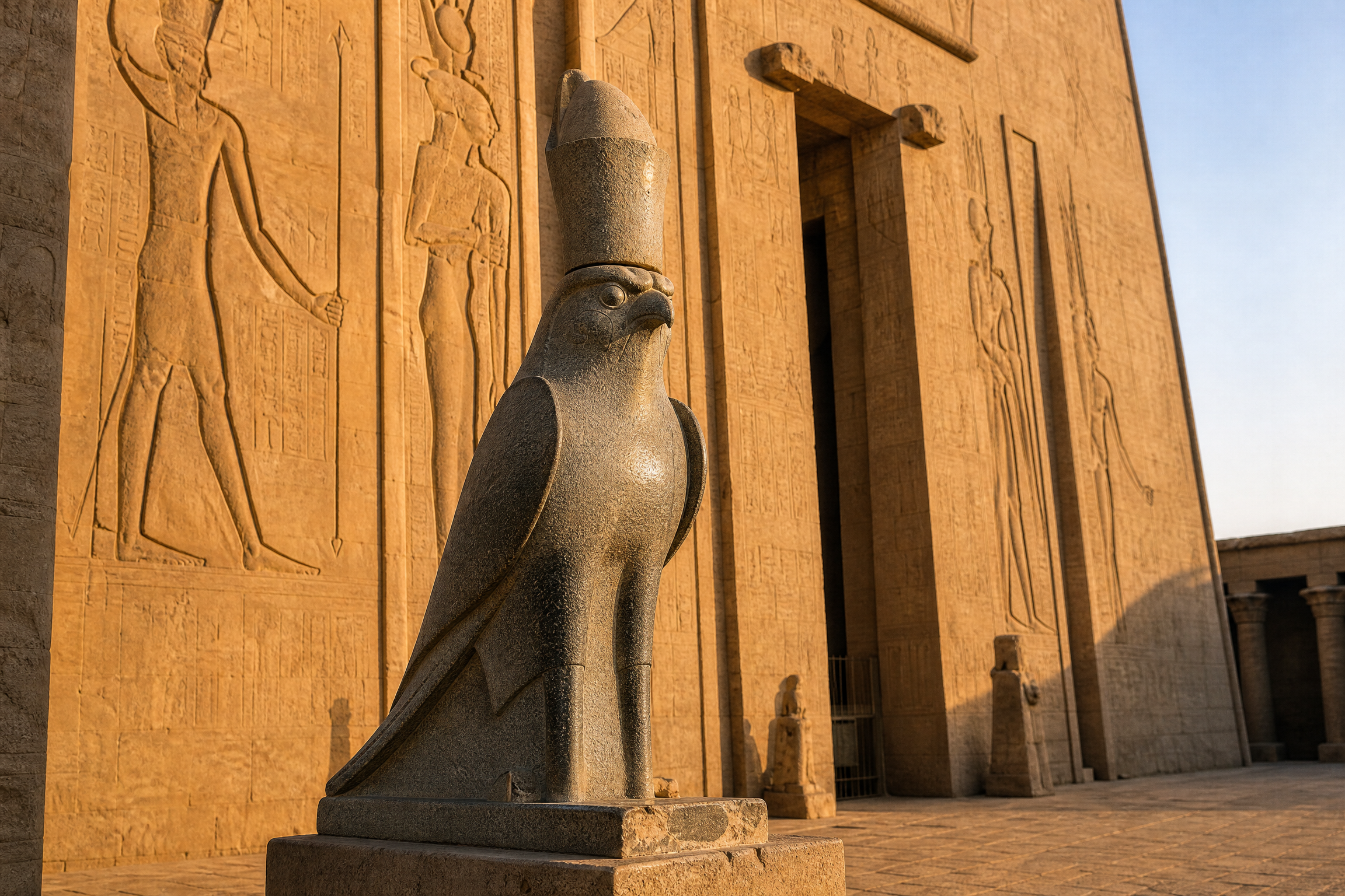 Black granite statue of the falcon god Horus at the entrance to Edfu Temple, Egypt