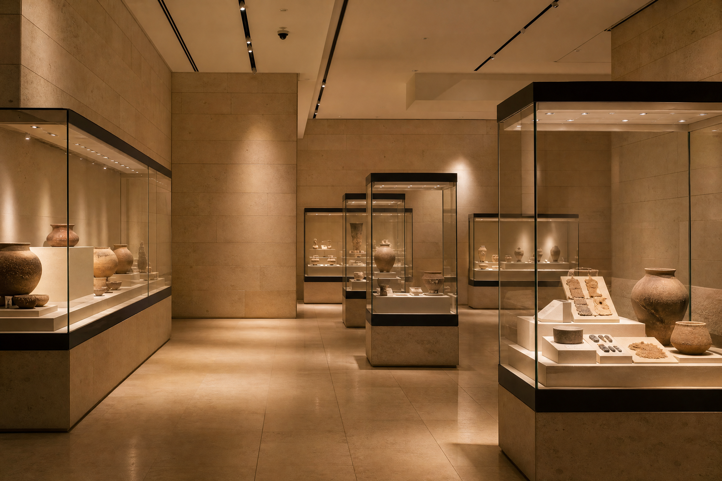Chronological gallery displaying early Egyptian material culture at the National Museum of Egyptian Civilization