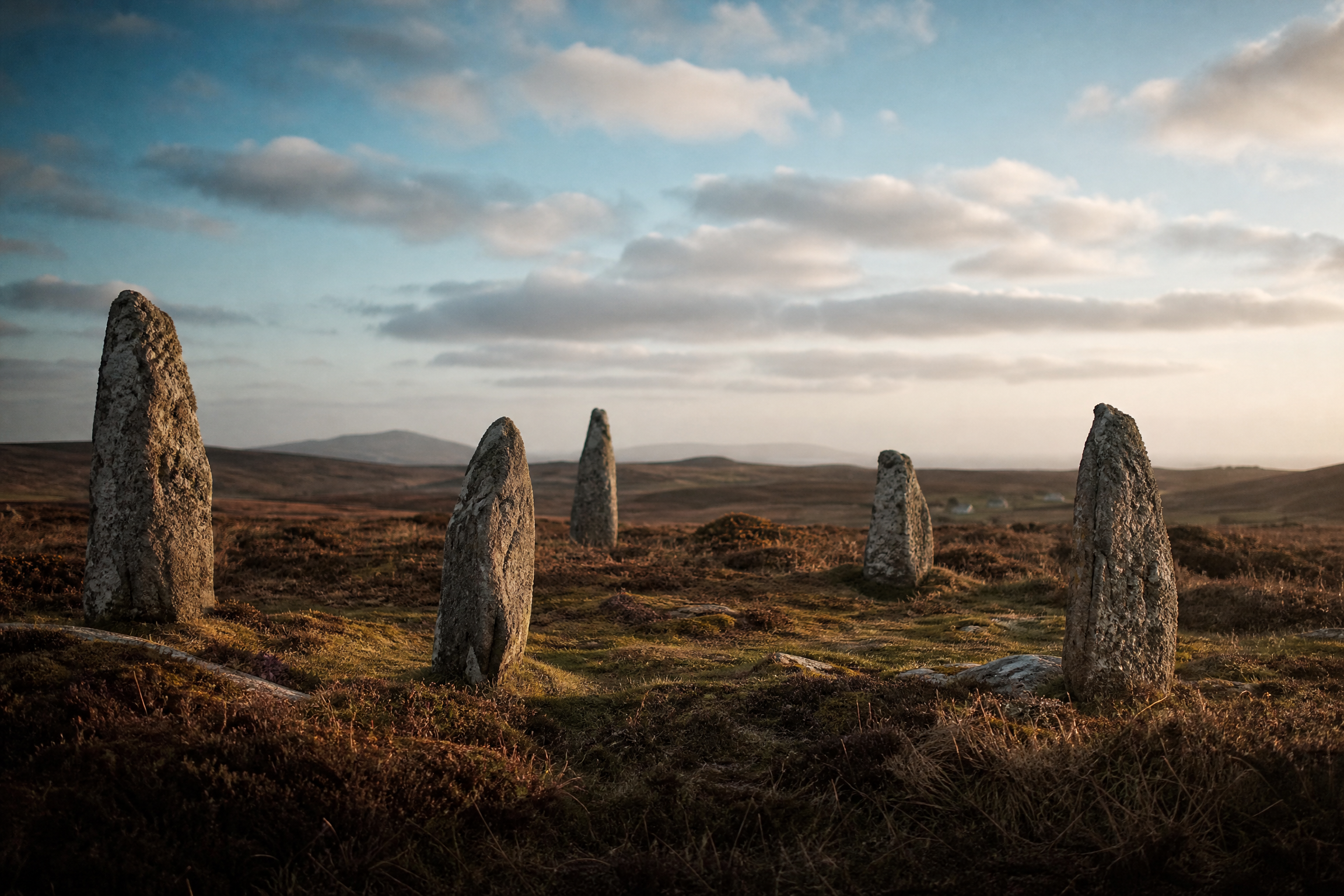 A smaller secondary stone circle near Callanish, in open heather moorland under golden hour light and a wide Hebridean sky