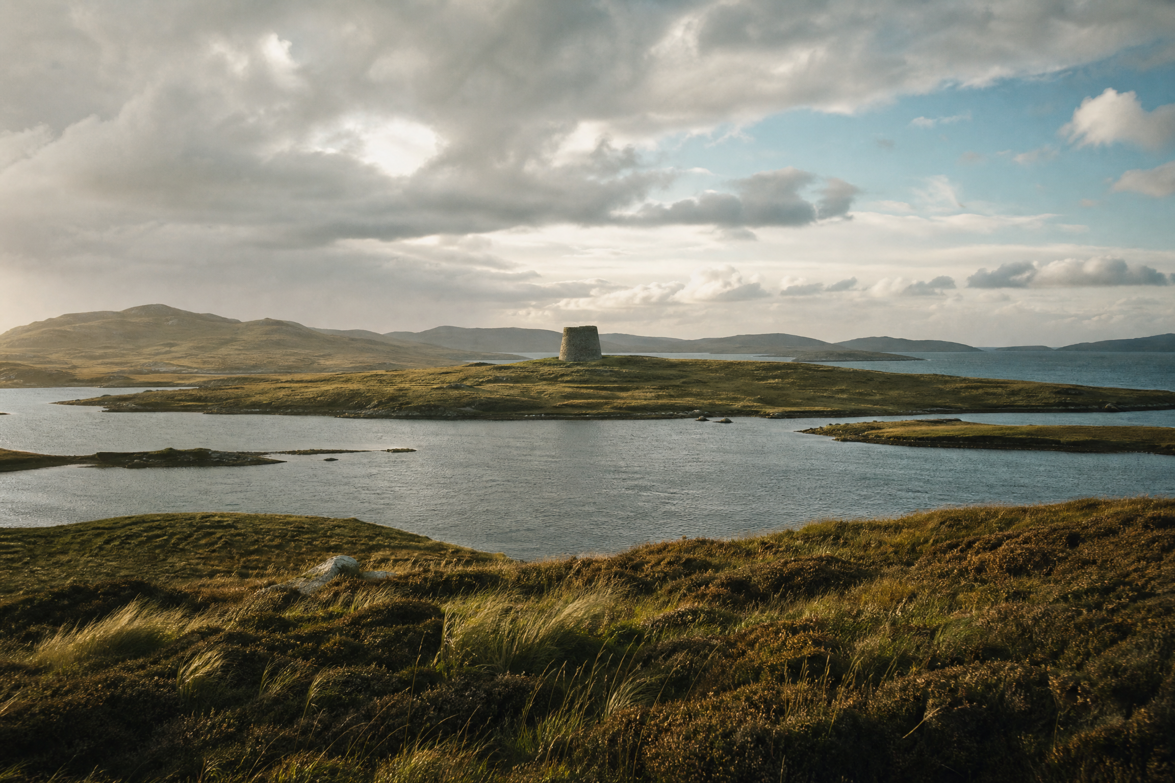 Loch Roag and Lewis moorland landscape with Carloway Broch, Outer Hebrides, Scotland