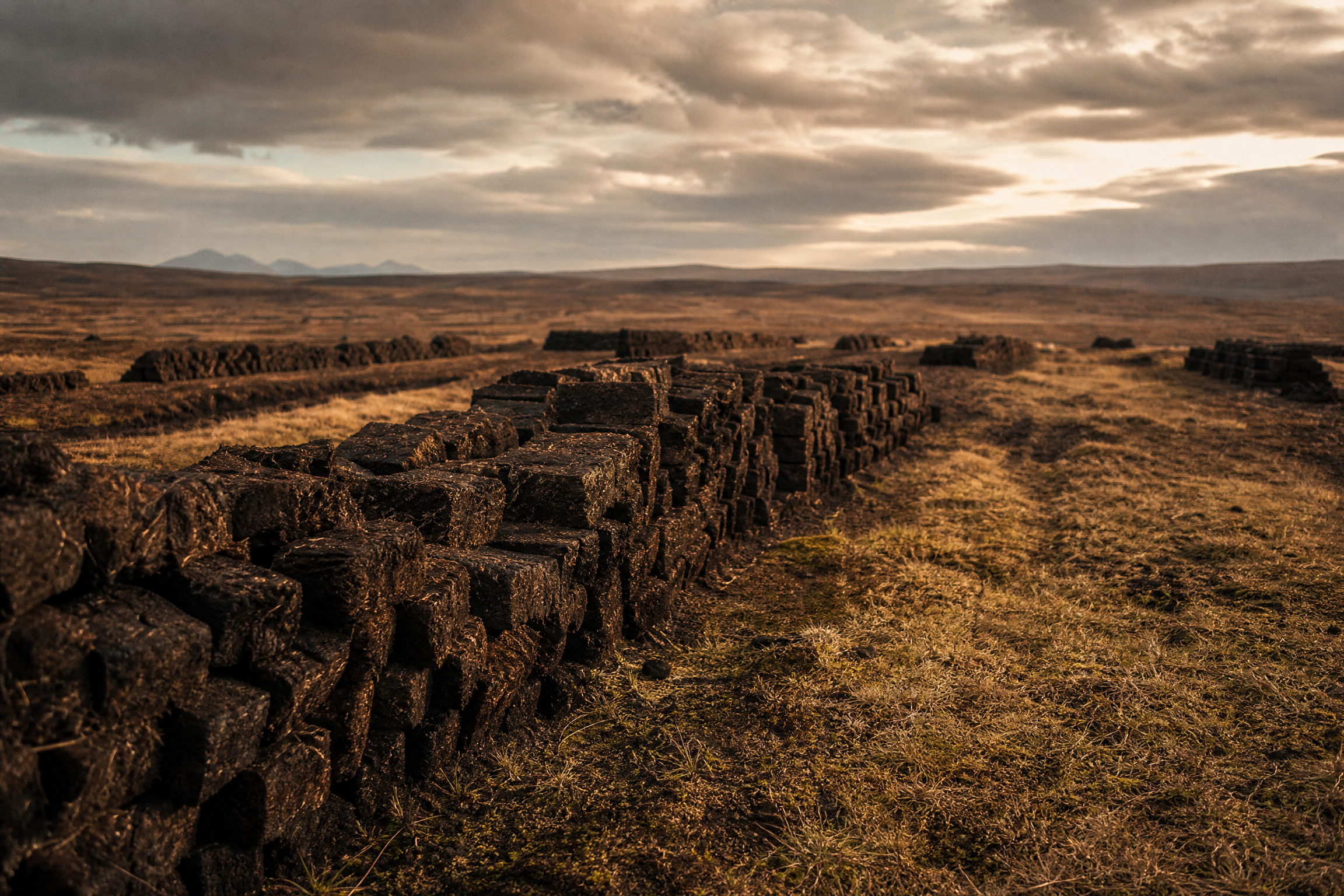 Peat stacks in long rows drying on open Hebridean moorland near Arnol, Isle of Lewis