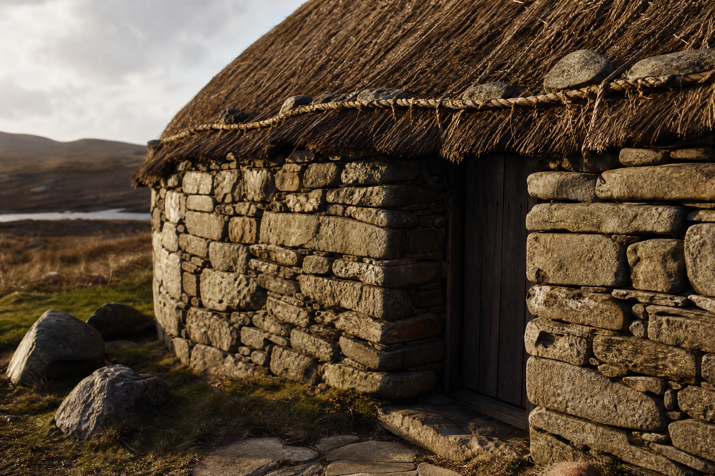 Close-up of the Arnol Blackhouse exterior showing dry-stone wall, rope-tied thatch, and low doorway