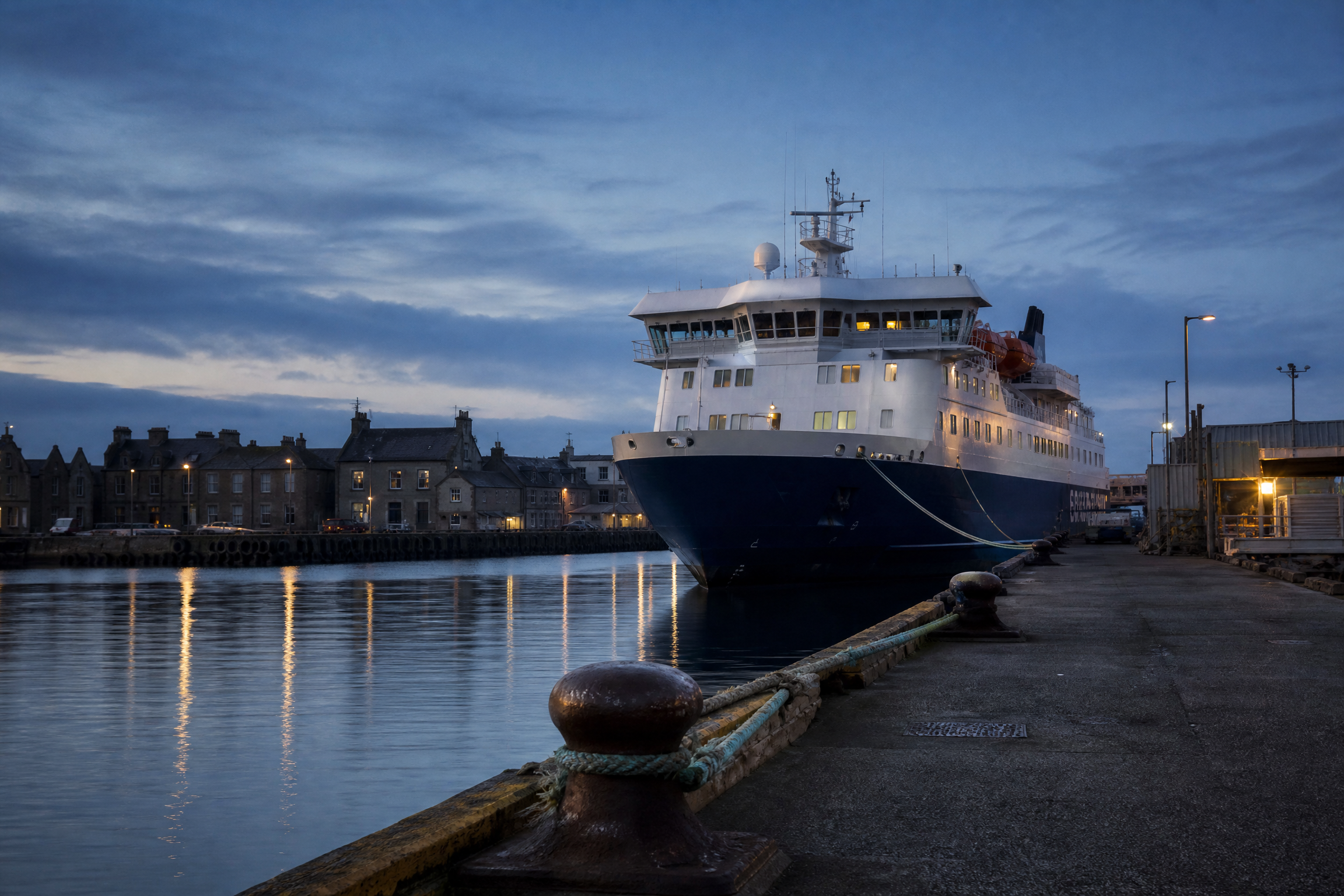 NorthLink ferry berthed at Lerwick terminal, Shetland, at blue hour