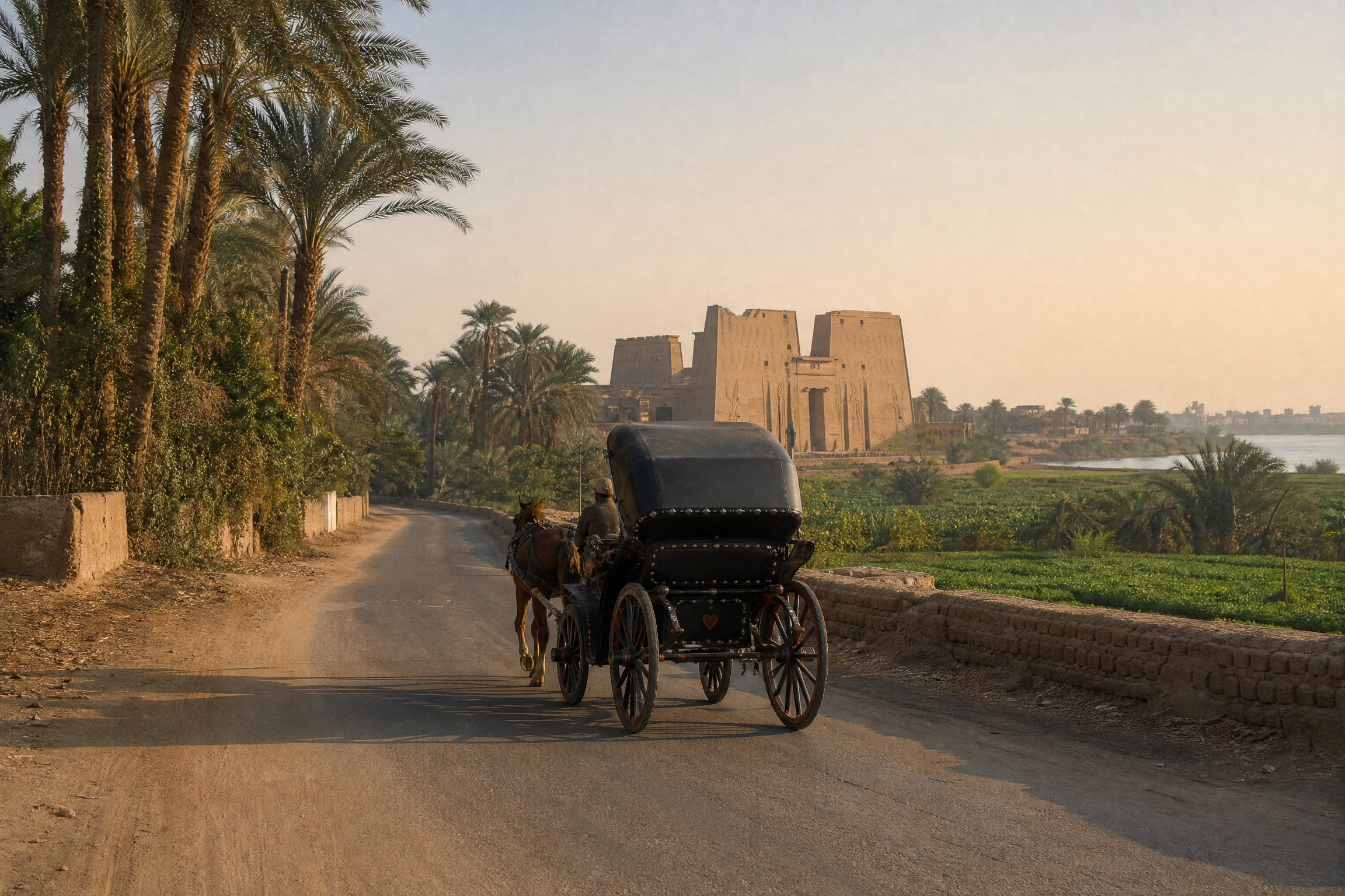 Horse-drawn carriage travelling through the Nile-side landscape on the approach to Edfu Temple, Egypt