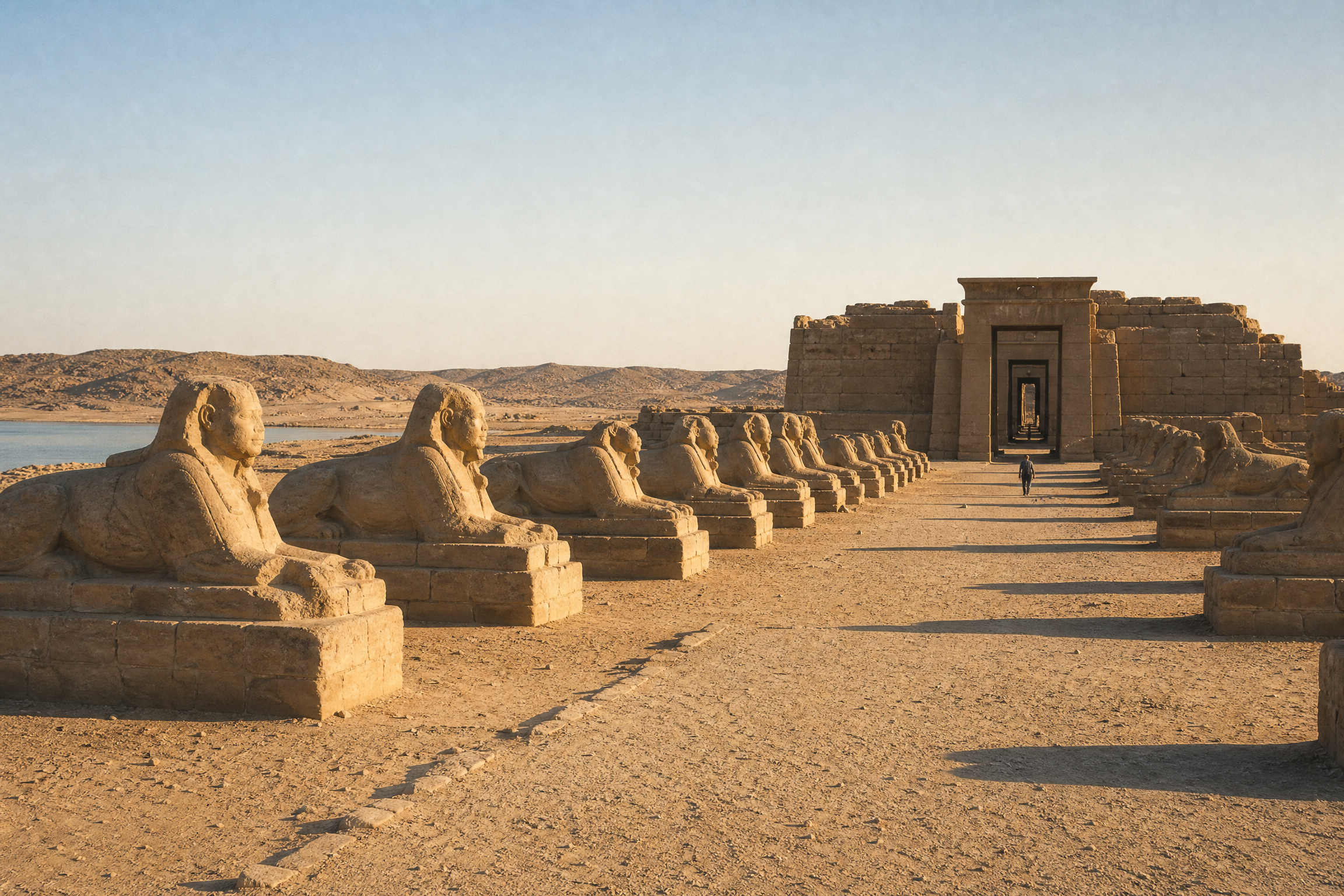Sphinx-lined avenue leading to the temple entrance at Wadi el-Seboua, Nubia