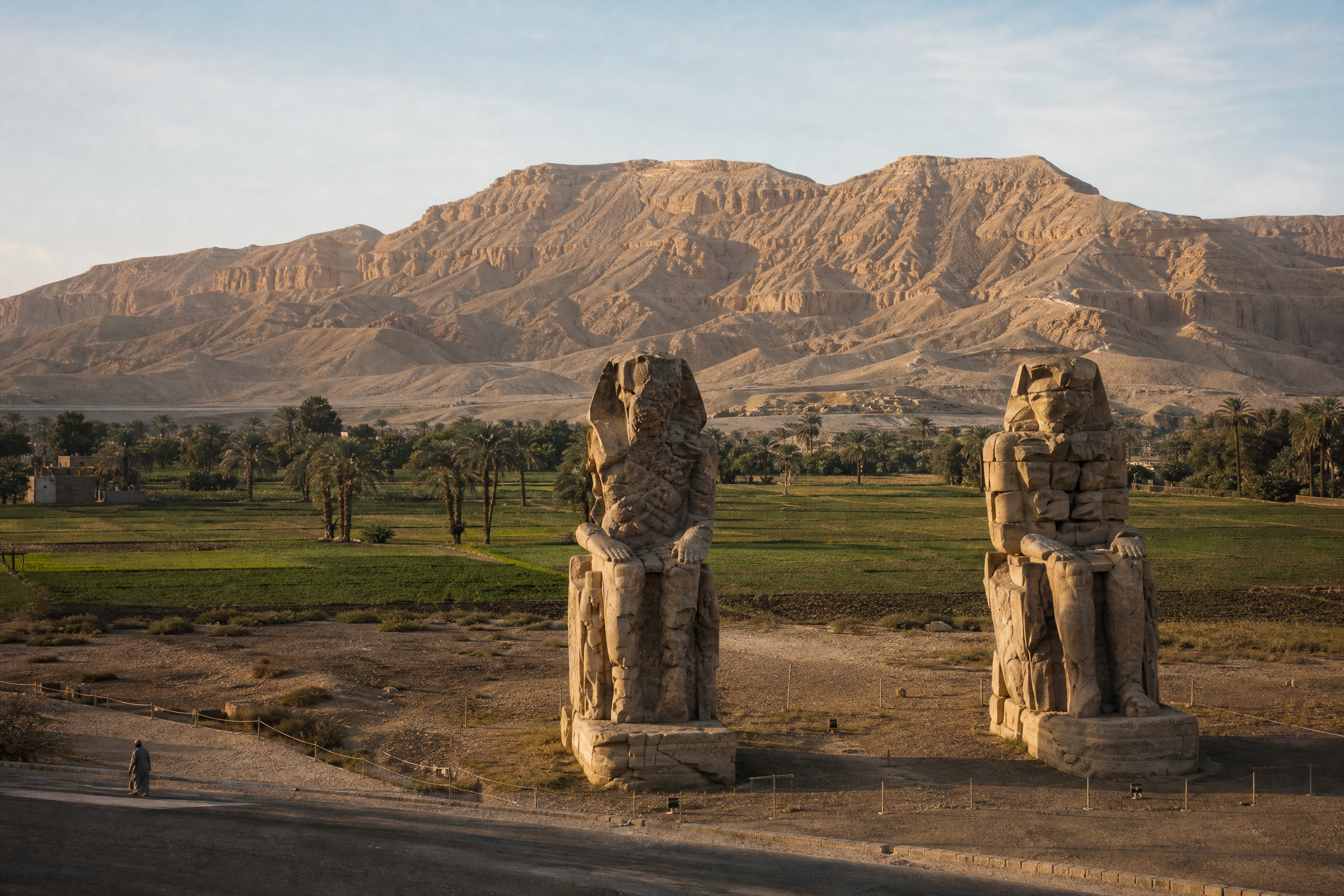 Colossi of Memnon statues in the wider Theban Necropolis landscape on the West Bank of Luxor