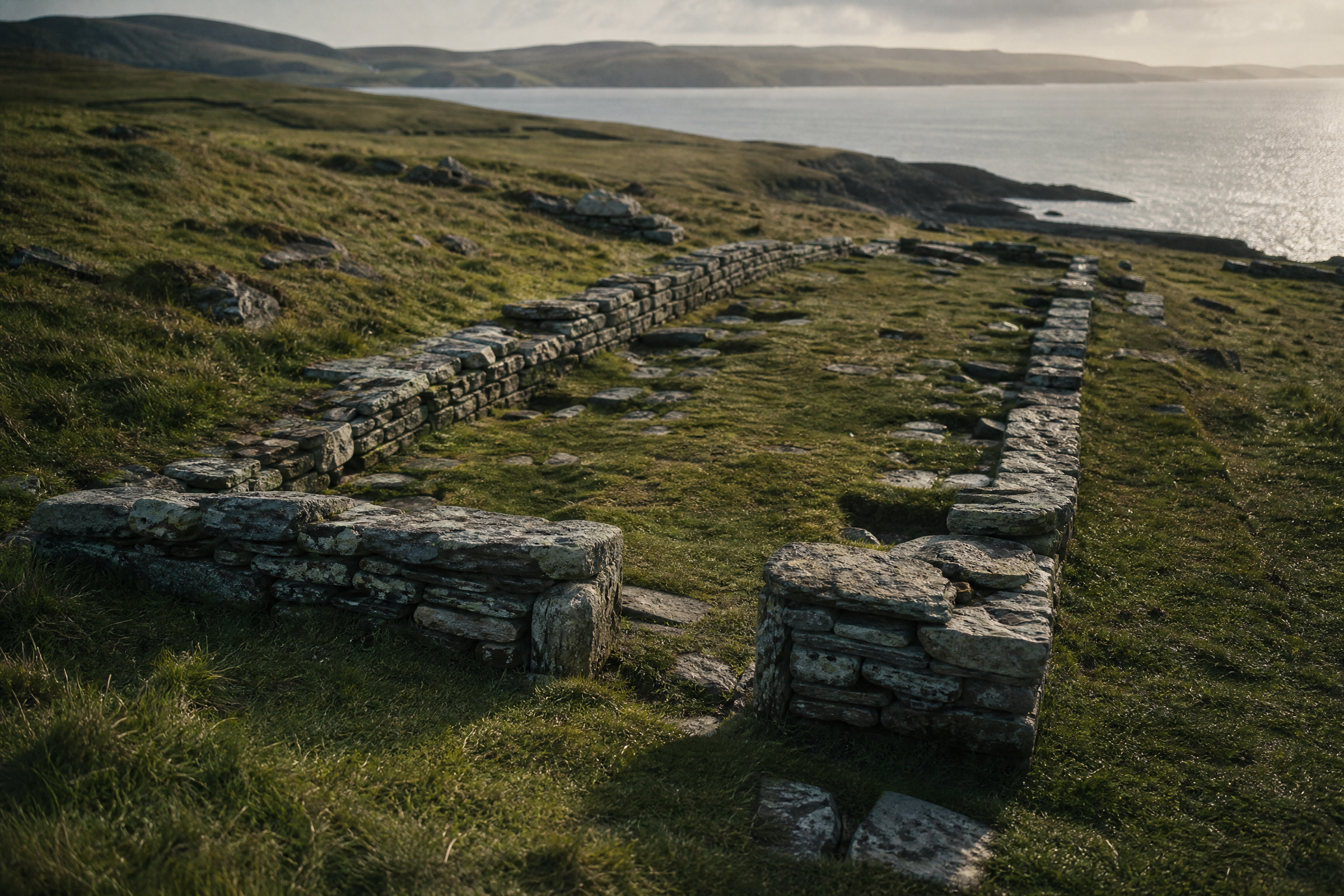 Stone foundations of the Norse Viking longhouse at Jarlshof, facing the Shetland coast