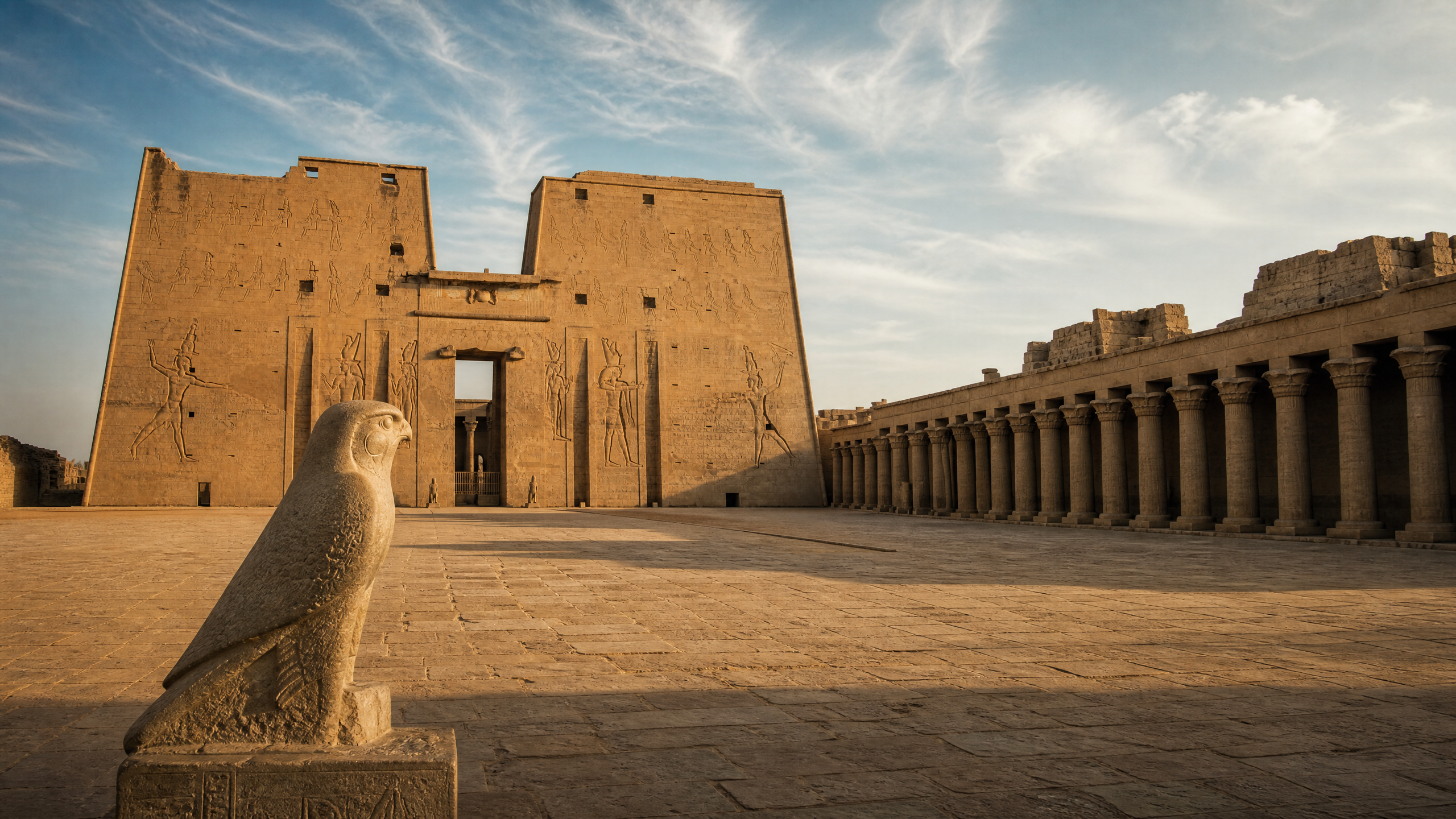 Edfu Temple courtyard with a Horus falcon statue and the monumental pylon behind, Egypt