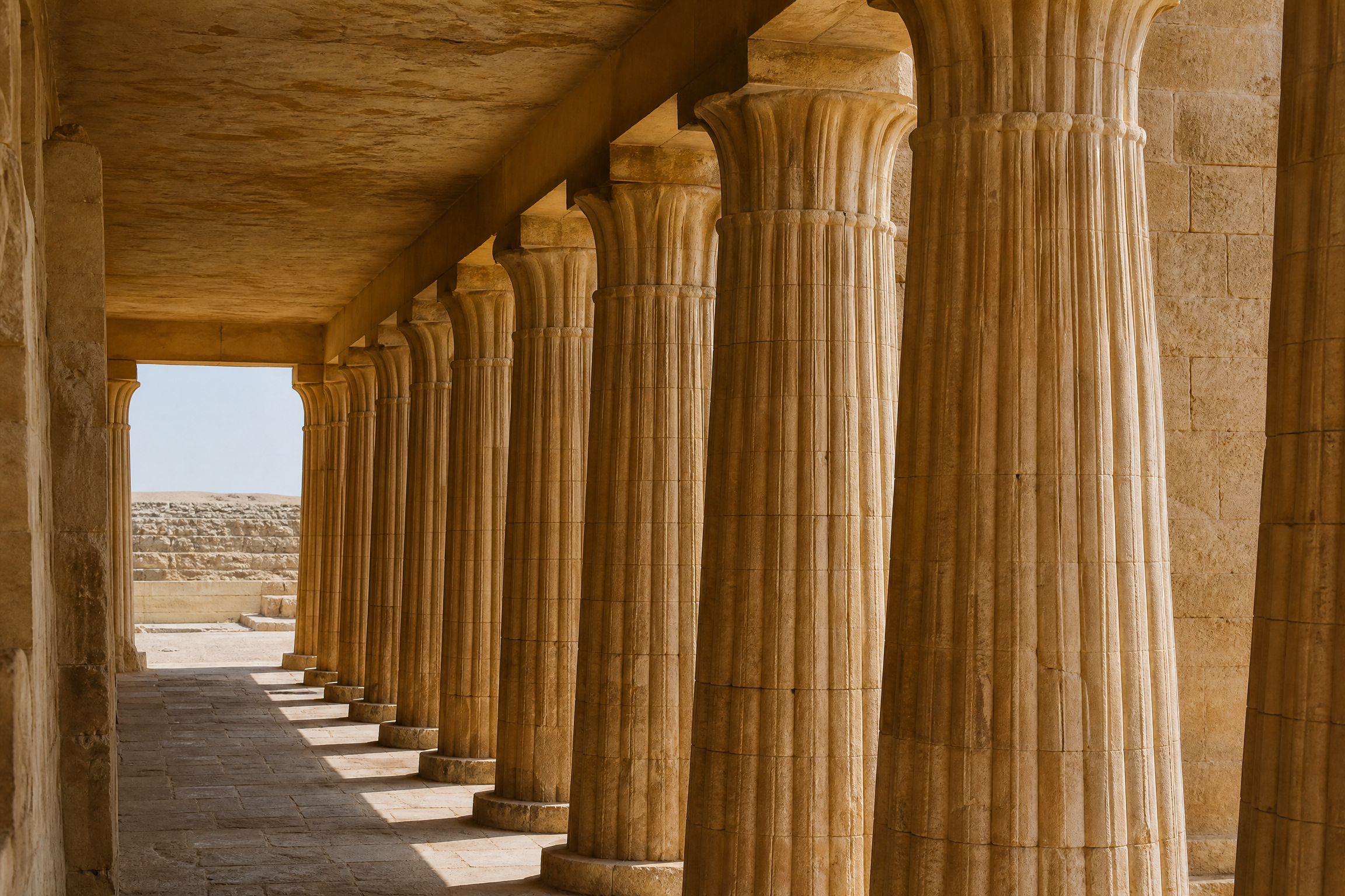 Carved limestone colonnade at the entrance to the Step Pyramid complex, Saqqara