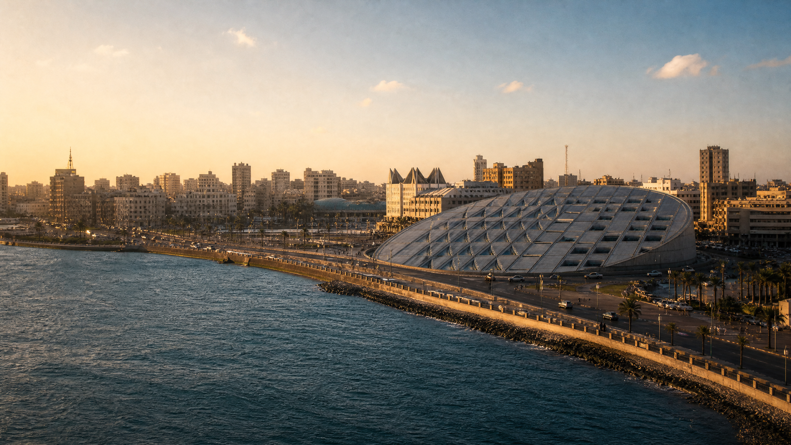 The tilted discus-shaped roof of the Bibliotheca Alexandrina on Alexandria's waterfront