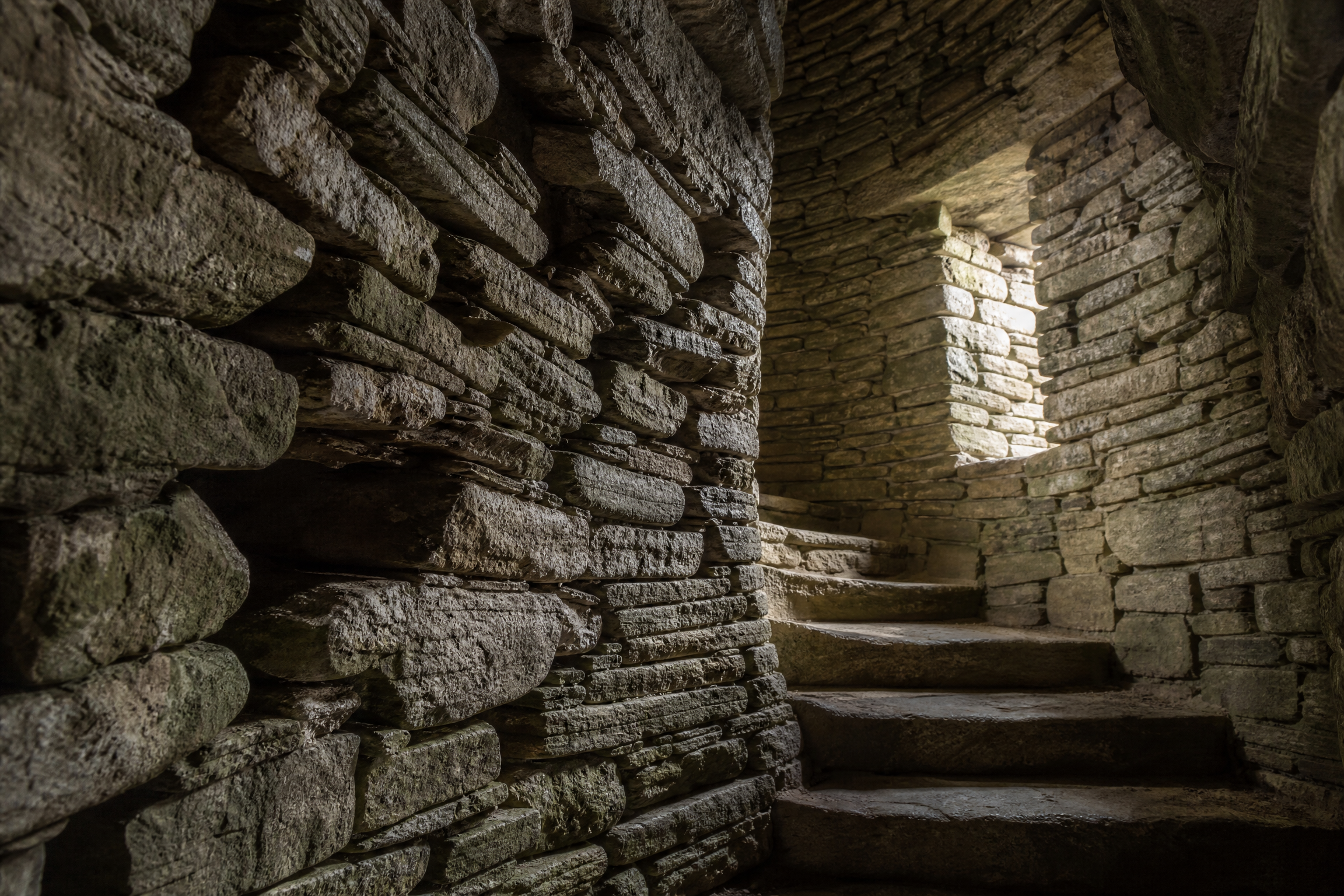 Intramural stair and internal stone gallery inside Carloway Broch, Isle of Lewis