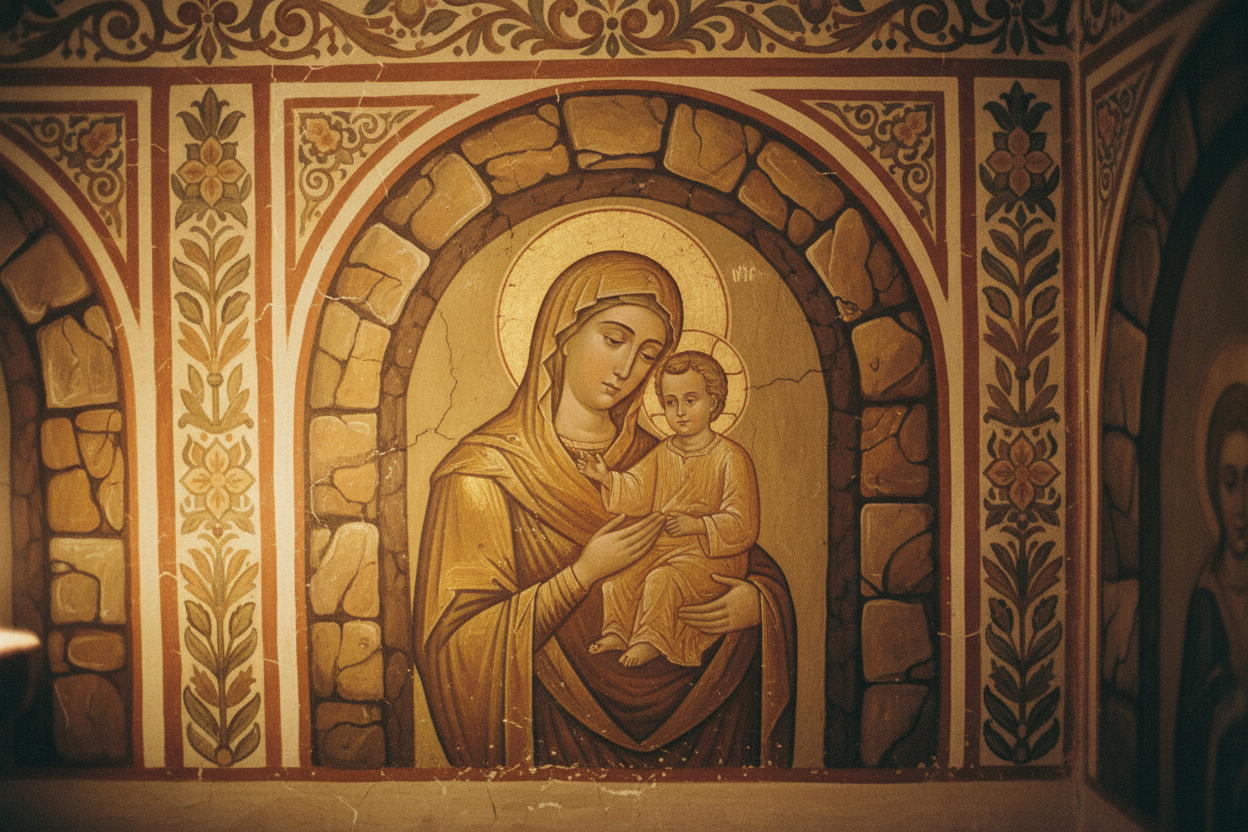 Close-up of the hand-painted Madonna and Child fresco in the Italian Chapel, with aged trompe l'oeil stonework border