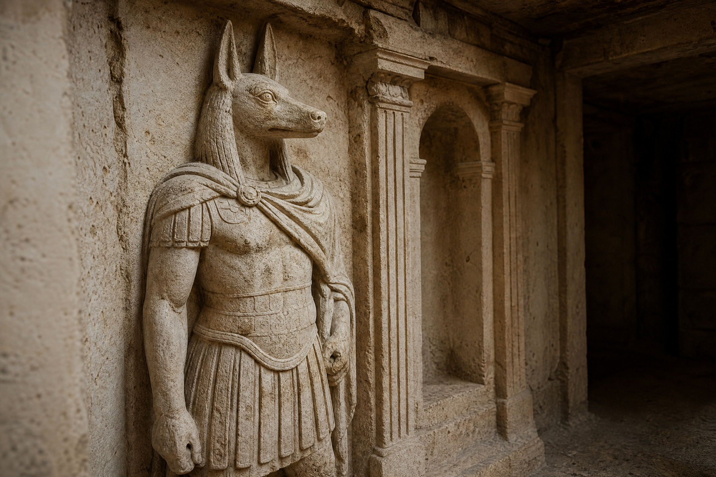 Relief carving of the god Anubis in Roman military dress at the Catacombs of Kom el Shoqafa