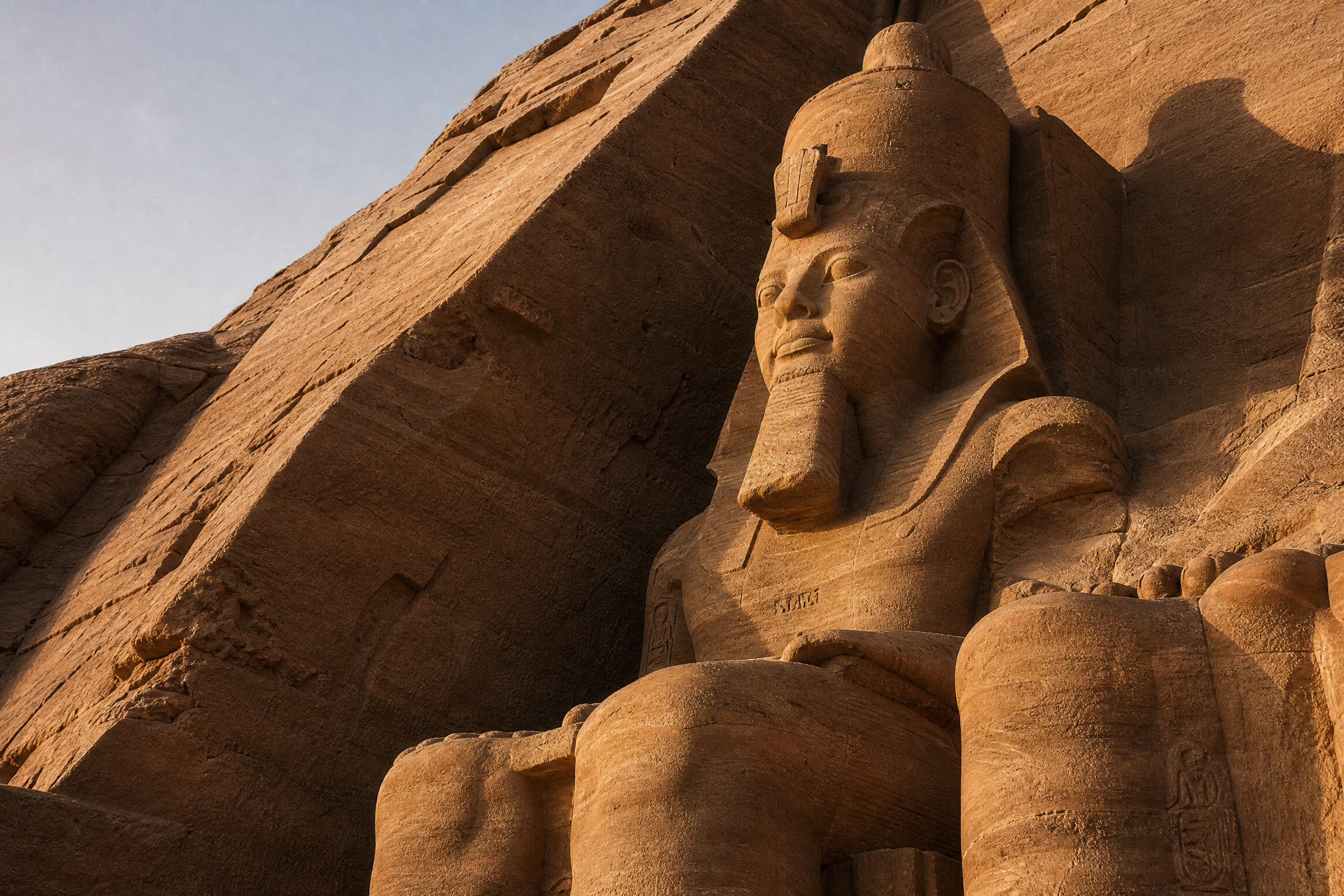 Close-up of one of the four seated colossi of Ramses II at Abu Simbel