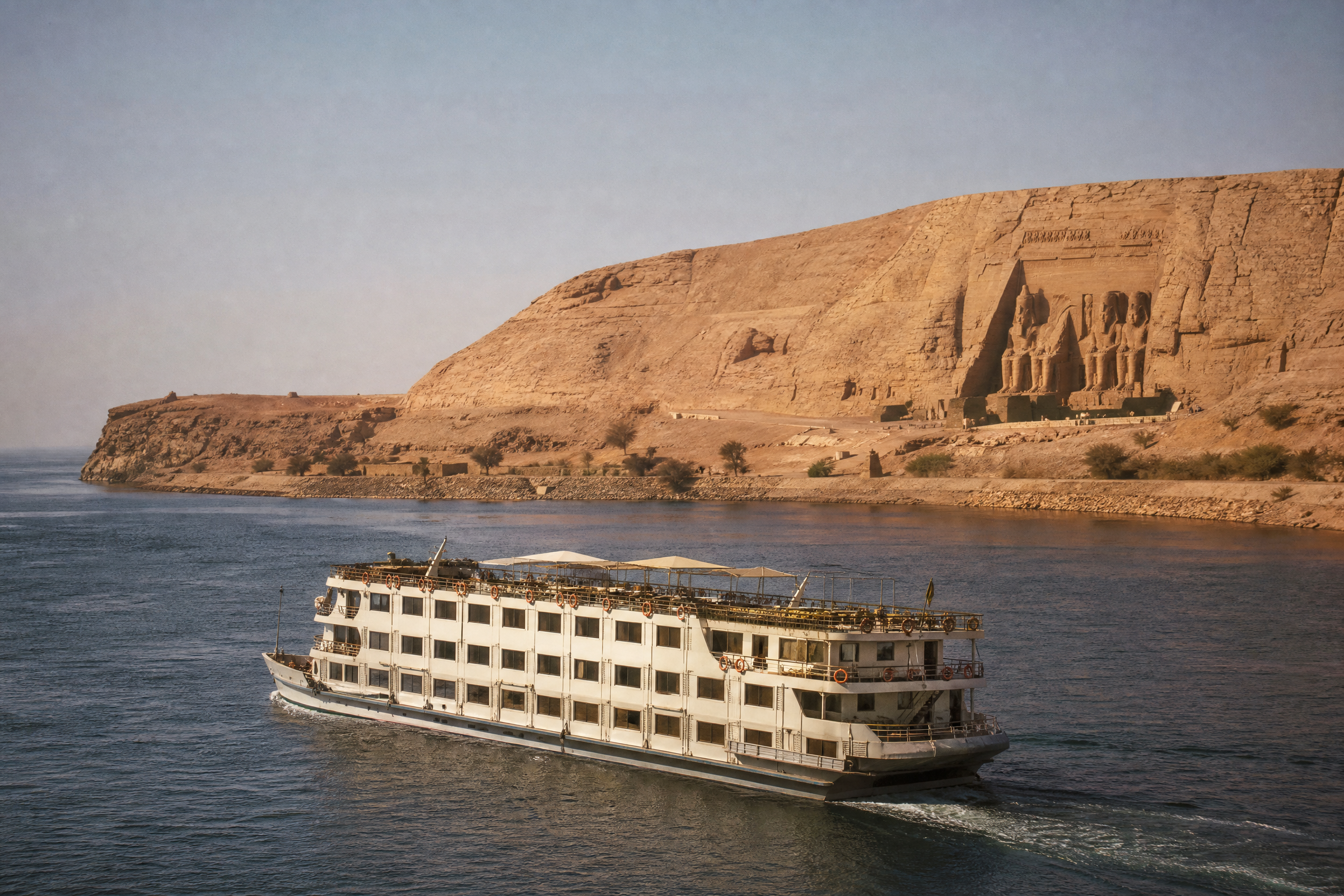 Lake Nasser cruise ship near the relocated Abu Simbel temple site