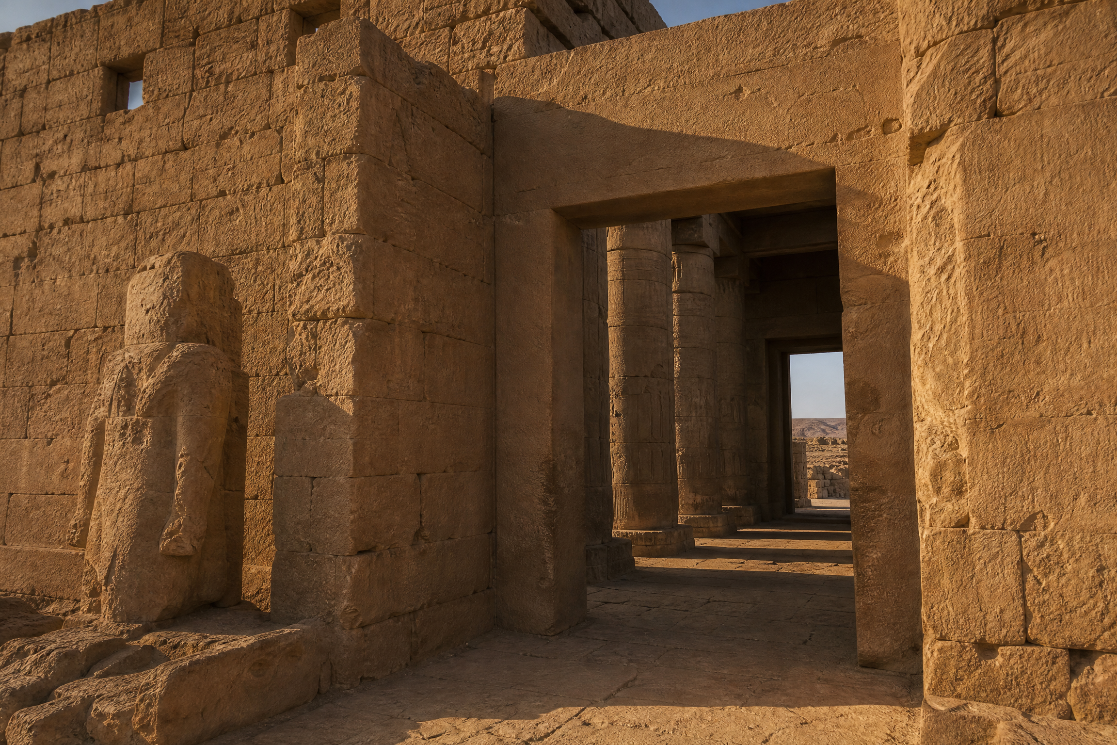 Shadowed pylon entrance and hypostyle hall at the Wadi el-Seboua temple