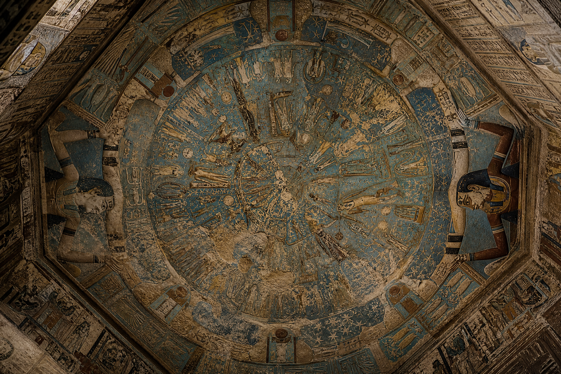 Detail of the astronomical zodiac ceiling relief at Dendera Temple, Egypt