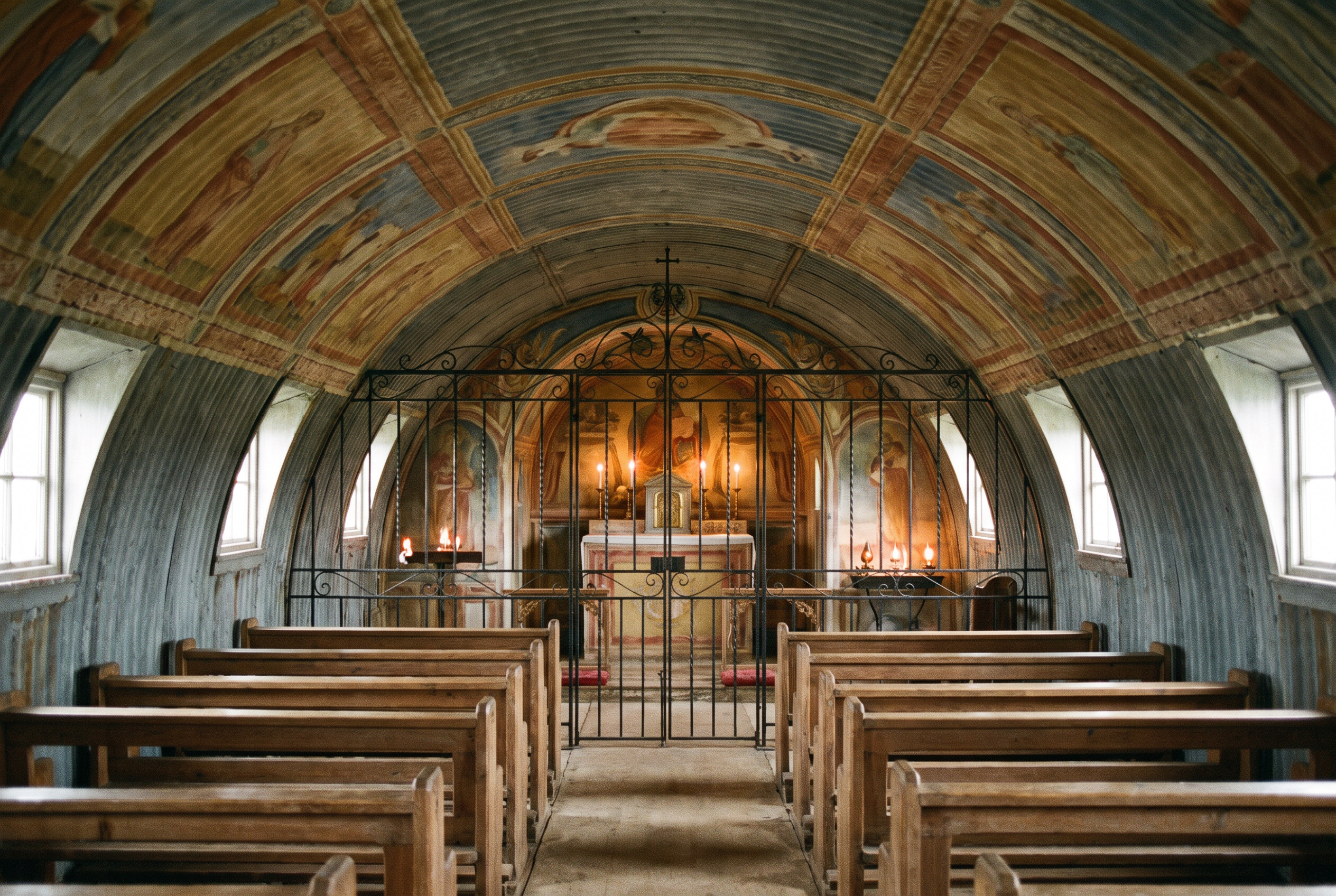 Wide interior view of the Italian Chapel nave, showing the painted barrel-vault ceiling, wooden pews, wrought-iron screen and altar
