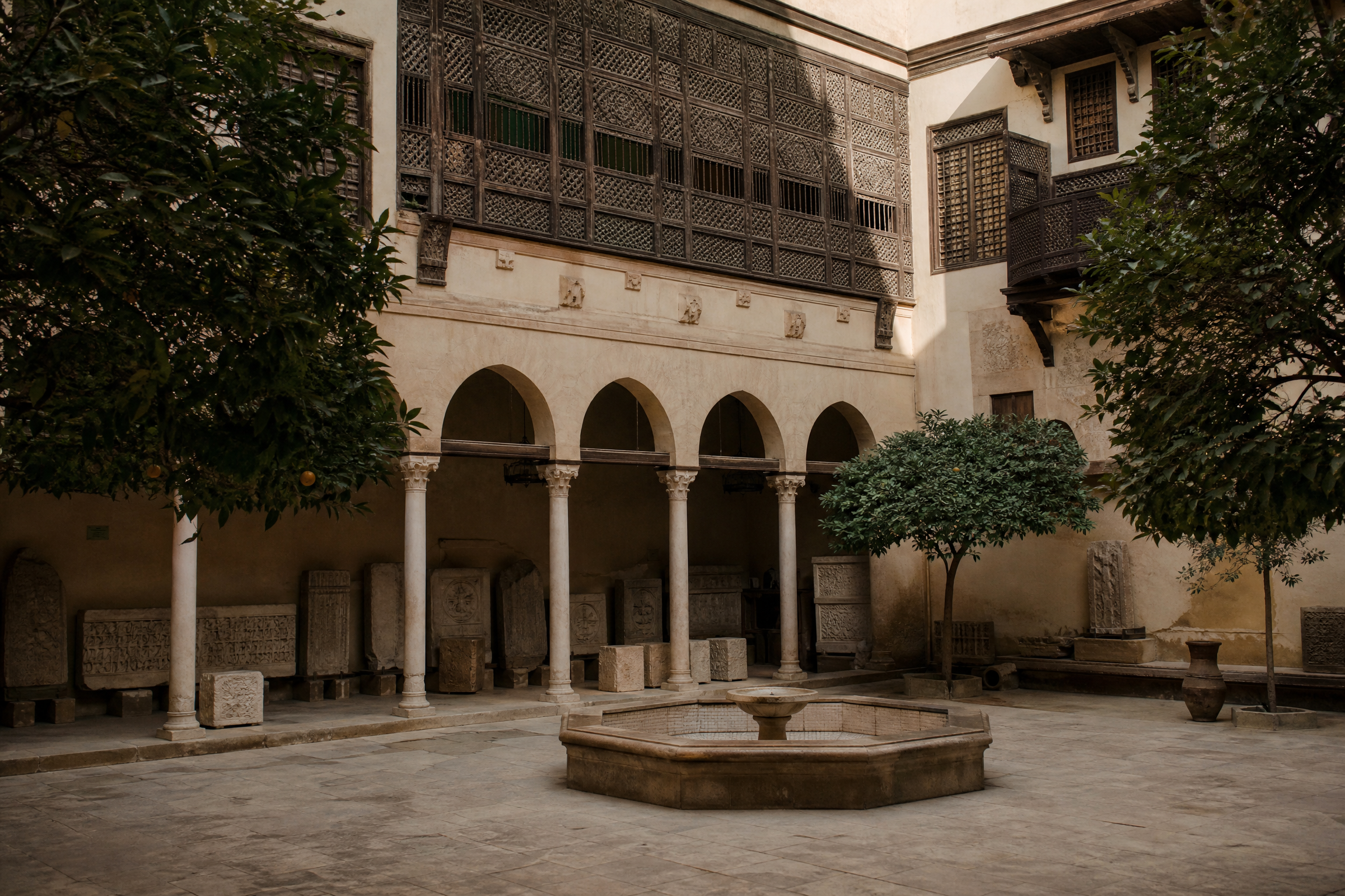 Courtyard of a Coptic heritage museum in Old Cairo, Egypt, with stone arcades and traditional wooden balconies