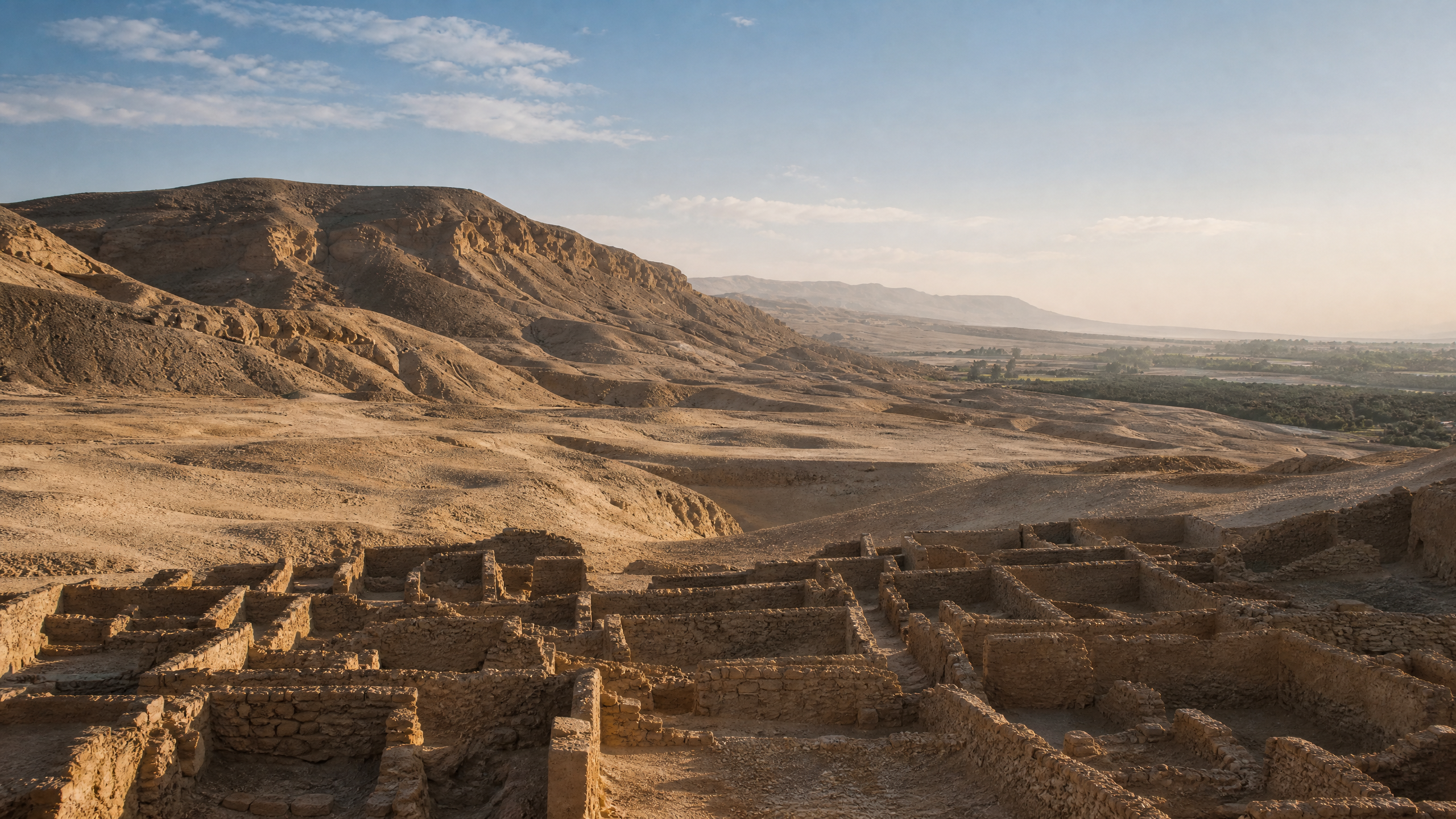 Broad view of Deir el-Medina village ruins on Luxor's West Bank, with the Nile cultivation visible in the distance
